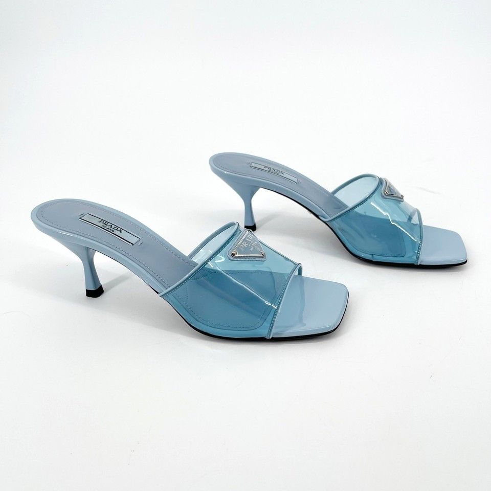 Prada Prada Celeste Blue Leather Trimmed PVC Plexi Logo Plaque Mule Sandal Size US 8 / IT 38 - 2 Thumbnail