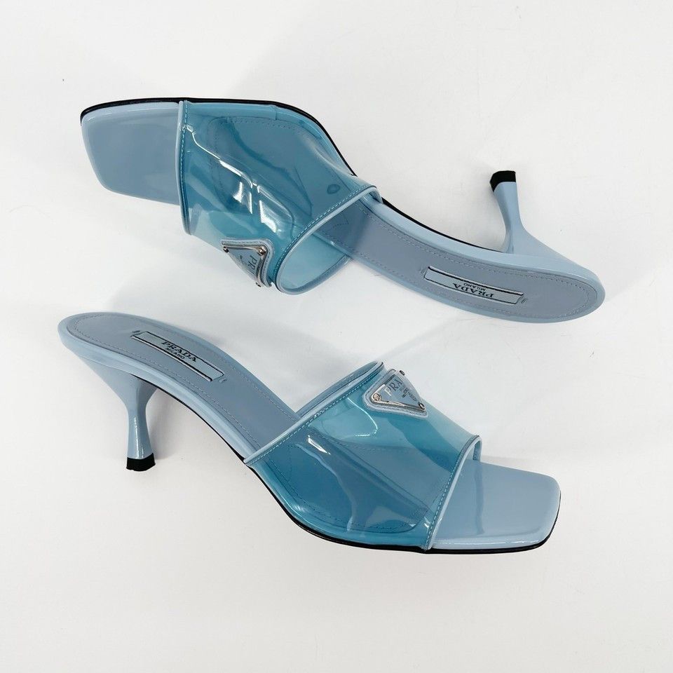 Prada Prada Celeste Blue Leather Trimmed PVC Plexi Logo Plaque Mule Sandal Size US 9 / IT 39 - 3 Thumbnail