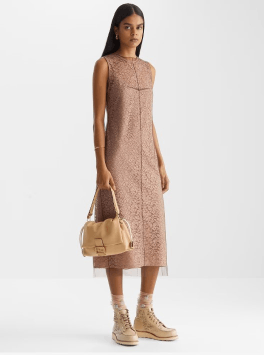 Fendi Beige Sleeveless Crewneck Dress with Floral Embroidery in Lace Woman Size M / US 6-8 / IT 42-44 - 4 Thumbnail