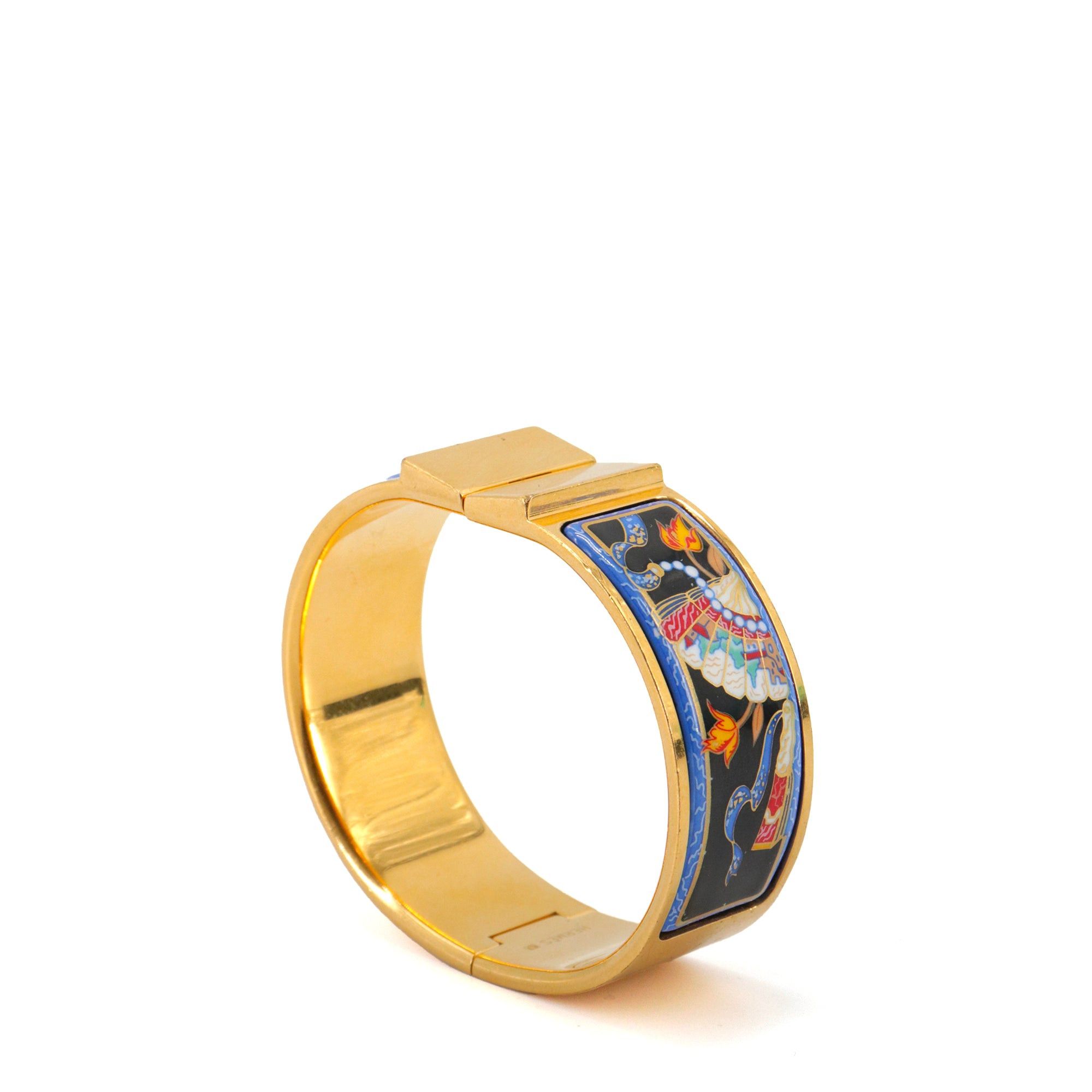 Hermes HERMÈS - Hermès bangle bracelet in gold metal and fan pattern enamel Size ONE SIZE - 4 Thumbnail