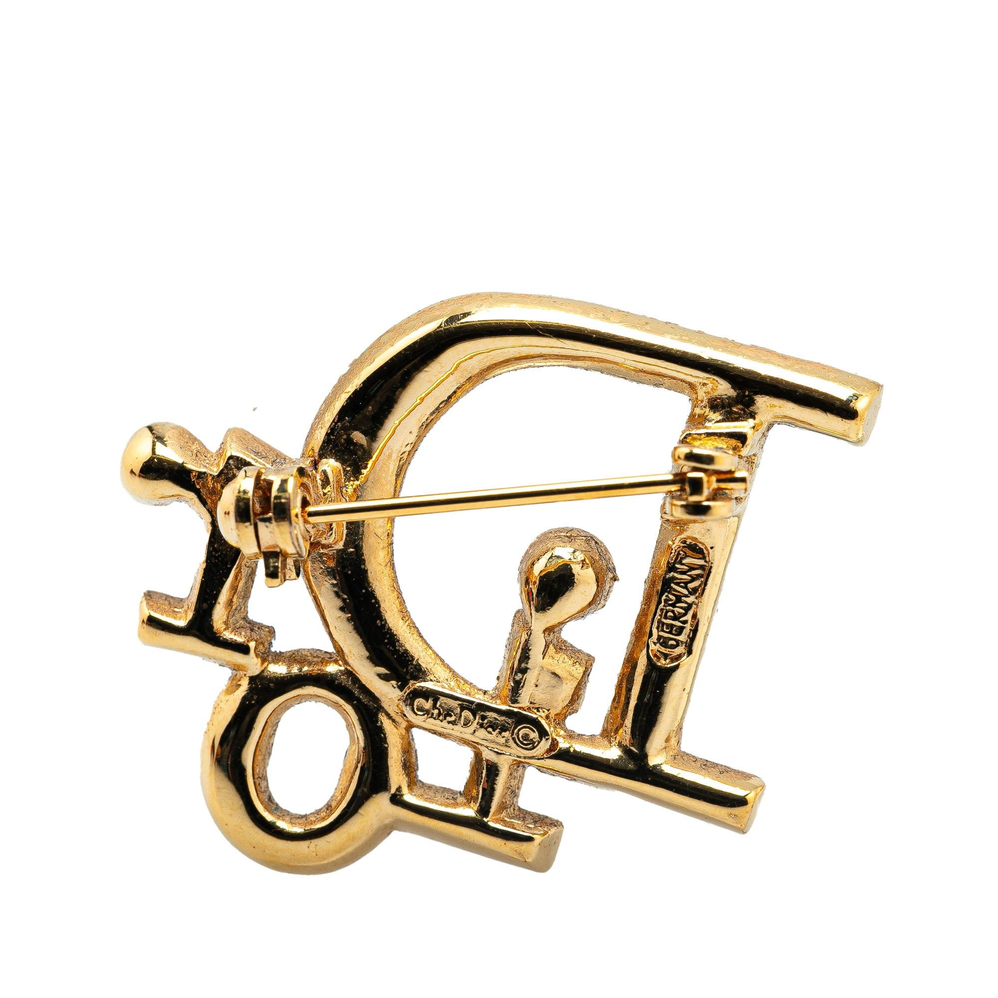 Dior Dior Gold Plated Rhinestone Logo Brooch Gold Size ONE SIZE - 3 Thumbnail