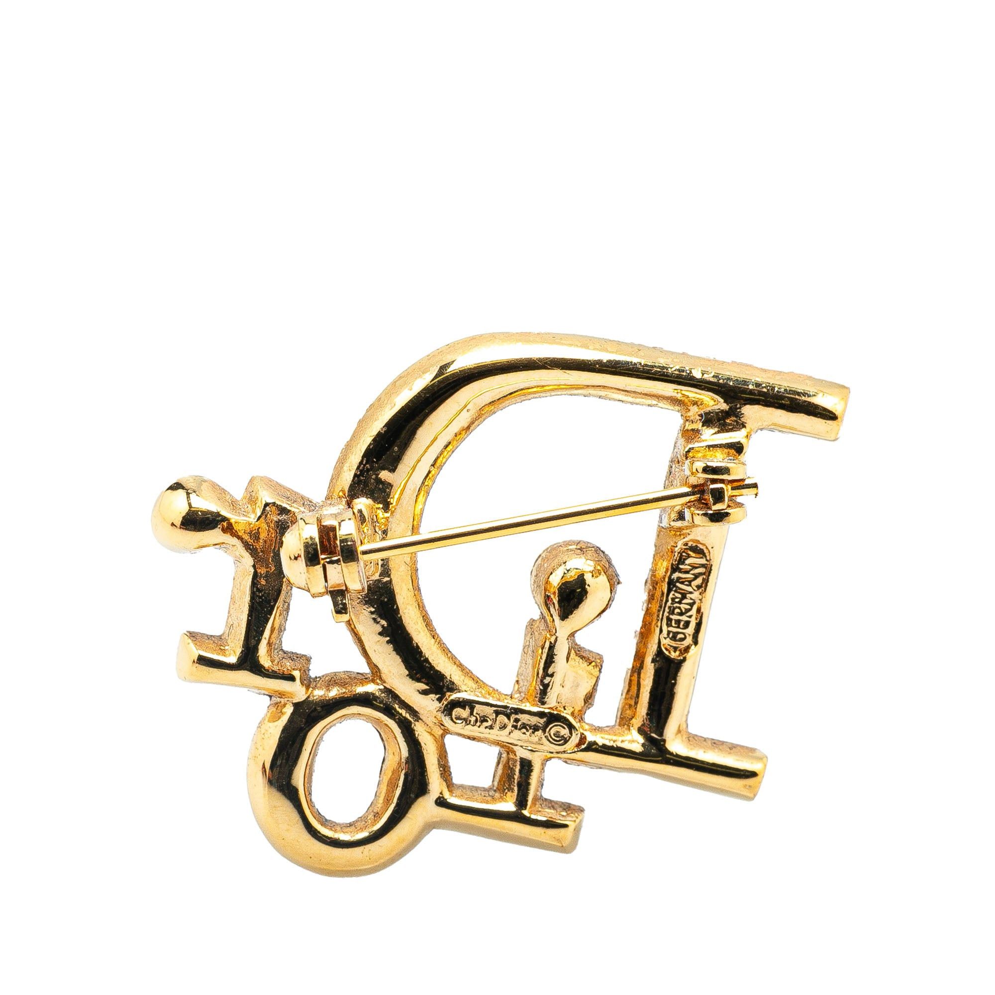 Dior Dior Gold Plated Rhinestone Logo Brooch Gold Size ONE SIZE - 2 Thumbnail