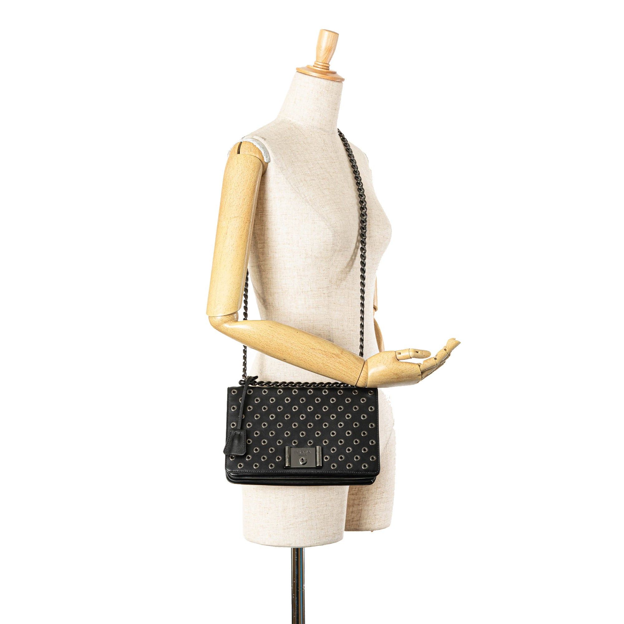 Prada Prada Soft Calf Grommet Lock Flap Chain Shoulder Bag Black Size ONE SIZE - 7 Thumbnail