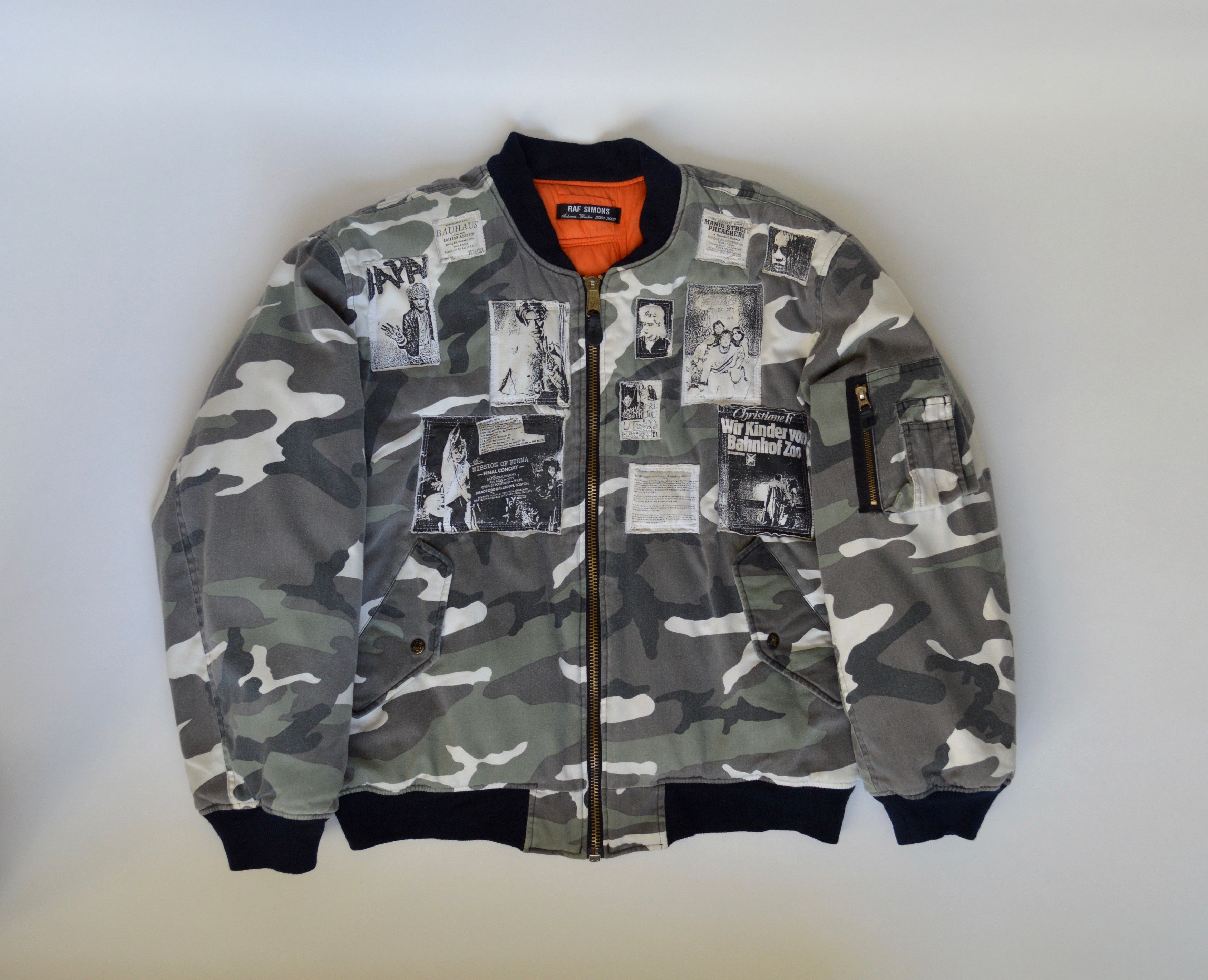 Raf Simons A/W 2001 'Riot Riot Riot' camo patch bomber jacket