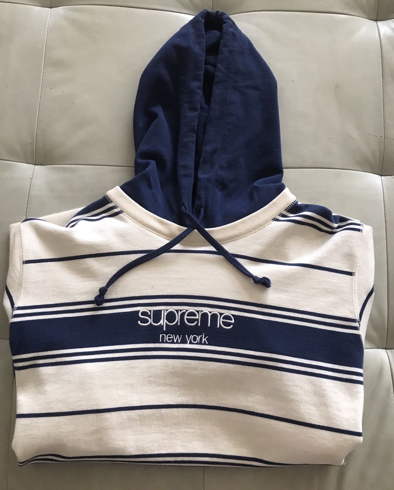 Supreme Supreme Striped Hooded Crewneck Navy Blue FW16 Hoodie 