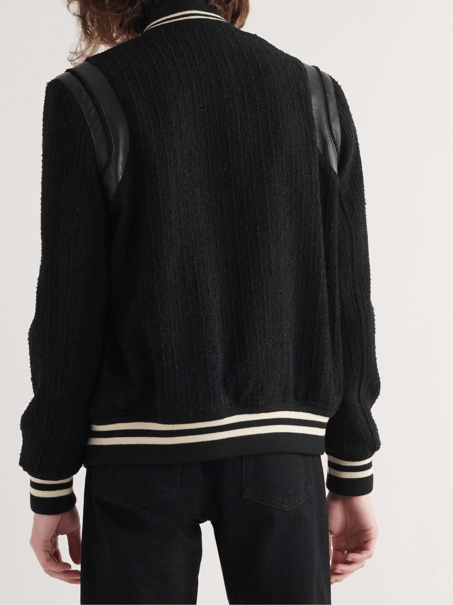 Saint Laurent Paris Teddy Leather-Trimmed Metallic Virgin Wool-Blend Bomber Jacket Size US XS / EU 42 / 0 - 4 Thumbnail