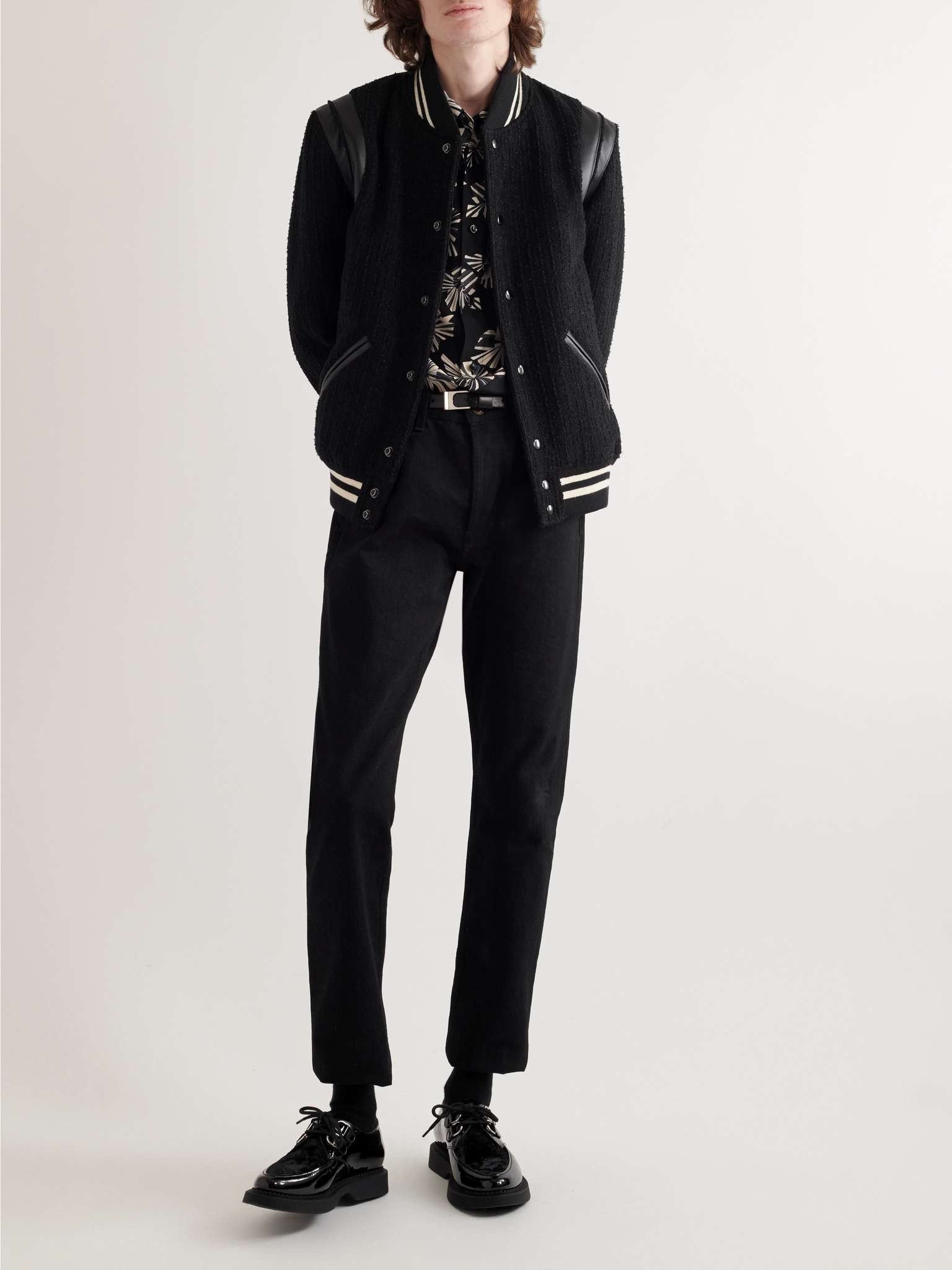 Saint Laurent Paris Teddy Leather-Trimmed Metallic Virgin Wool-Blend Bomber Jacket Size US XS / EU 42 / 0 - 2 Thumbnail