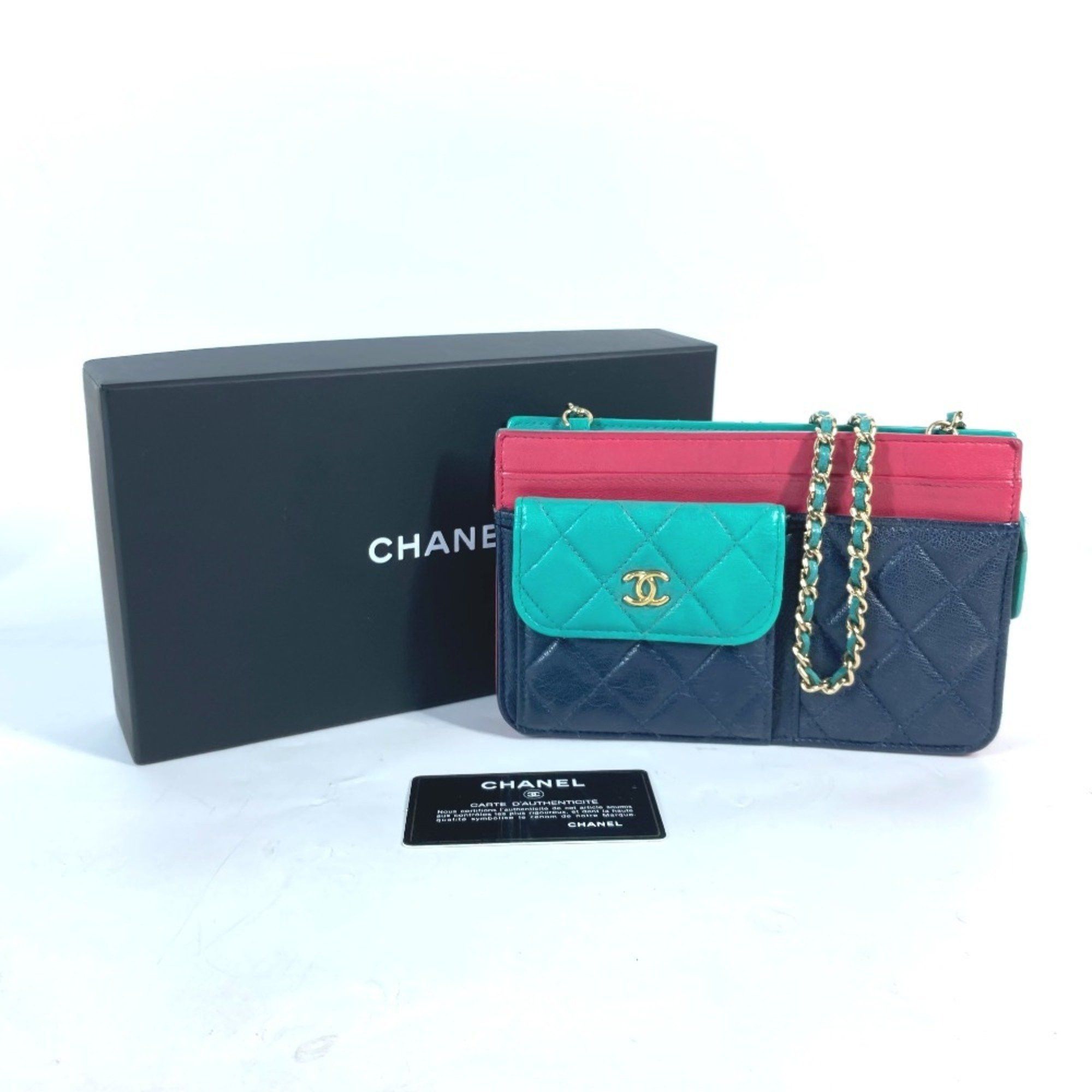Chanel CHANEL AP1138 2020 Cruise Tricolor Chain Wallet CC Coco Mark Bag Shoulder Crossbody Pochette Long Caviar Skin Women's Navy Size ONE SIZE - 14 Thumbnail