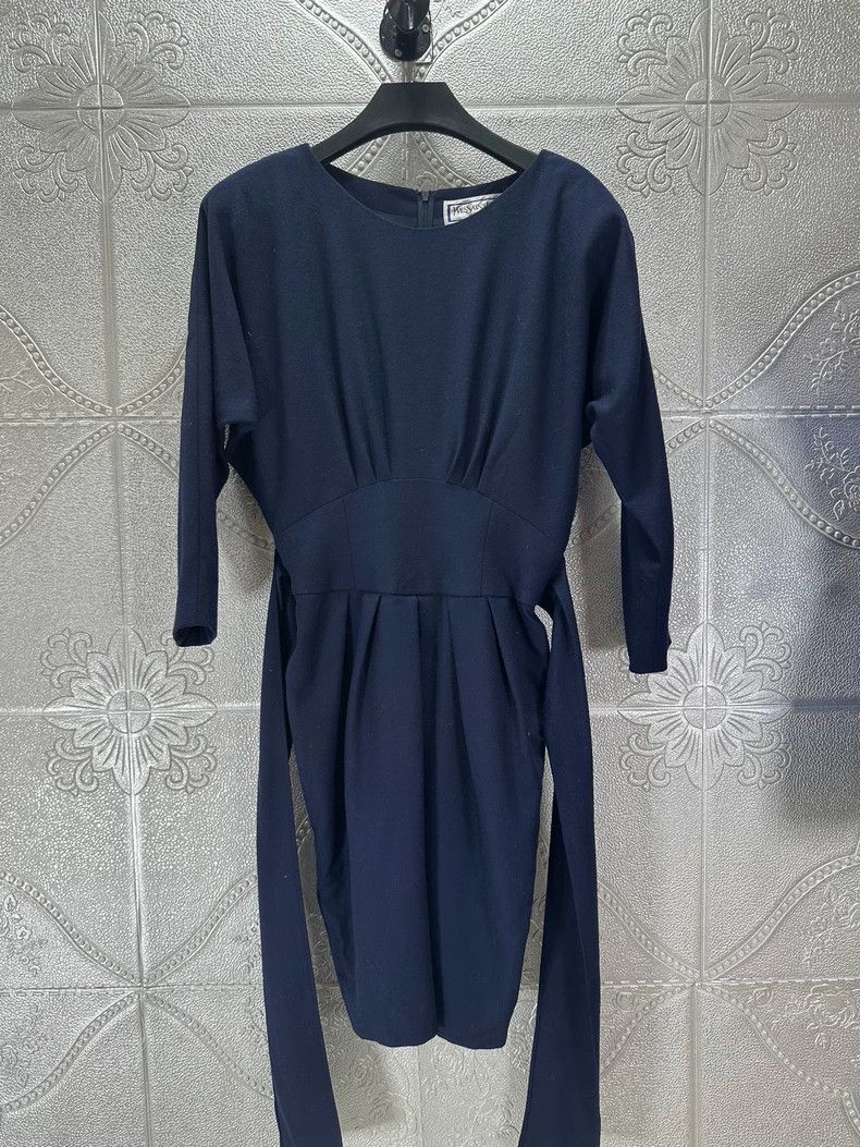 Yves Saint Laurent YSL Navy Blue Wool Dress with Shoulder Pads Size US 44 / EU 60 - 5 Thumbnail