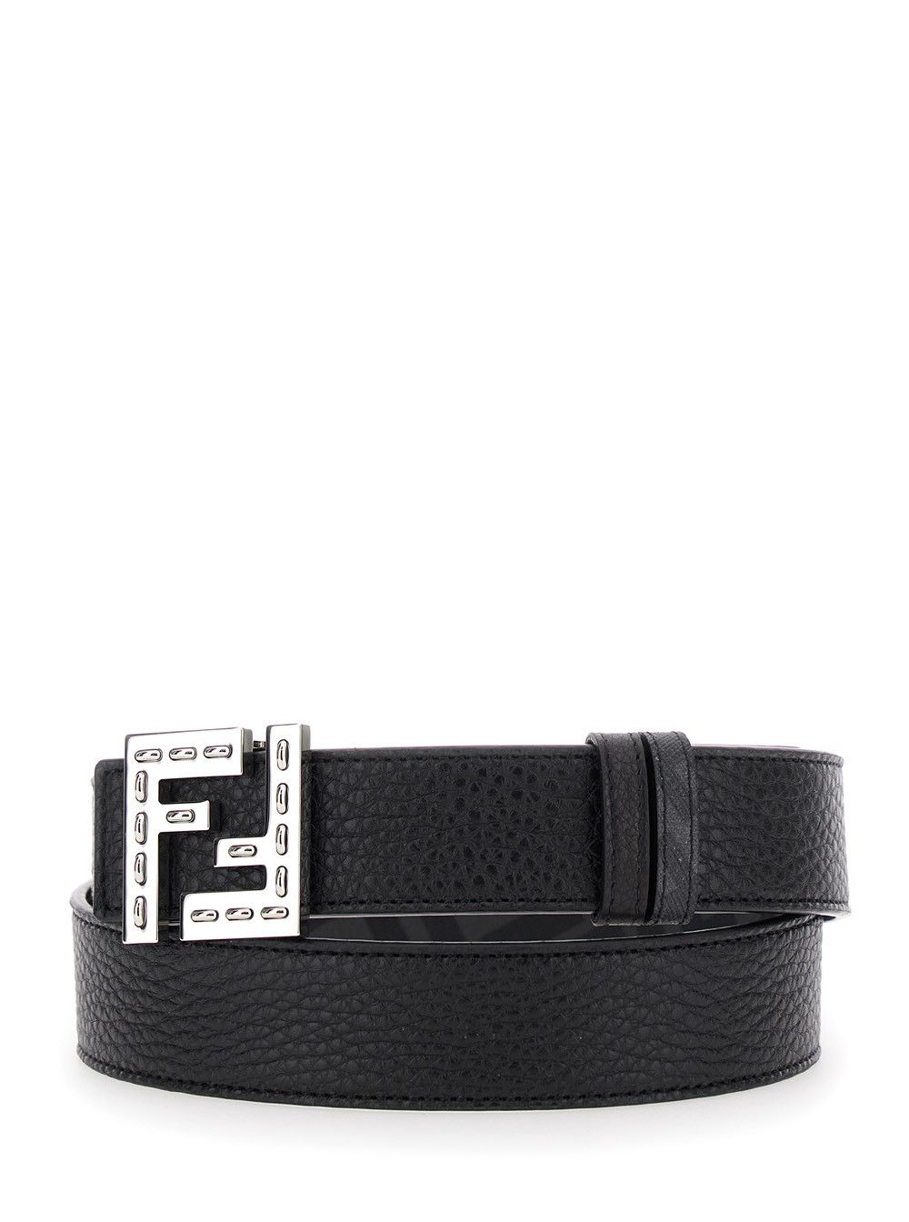 Fendi Black Belt with Metallic FF Logo Plate in Hammered Leather Man Size ONE SIZE - 2 Thumbnail