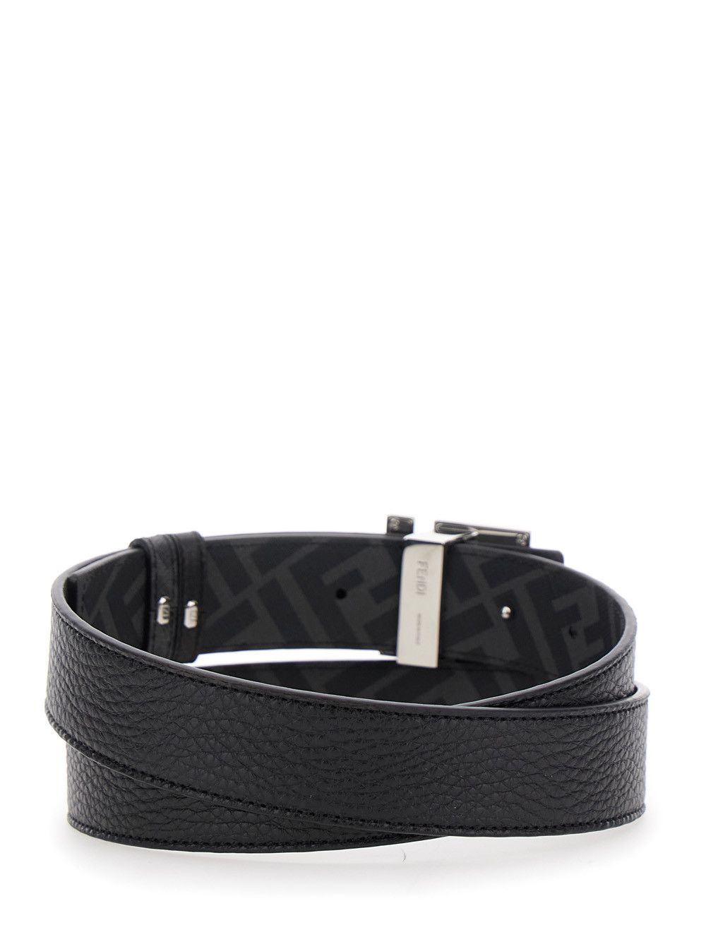 Fendi Black Belt with Metallic FF Logo Plate in Hammered Leather Man Size ONE SIZE - 3 Thumbnail
