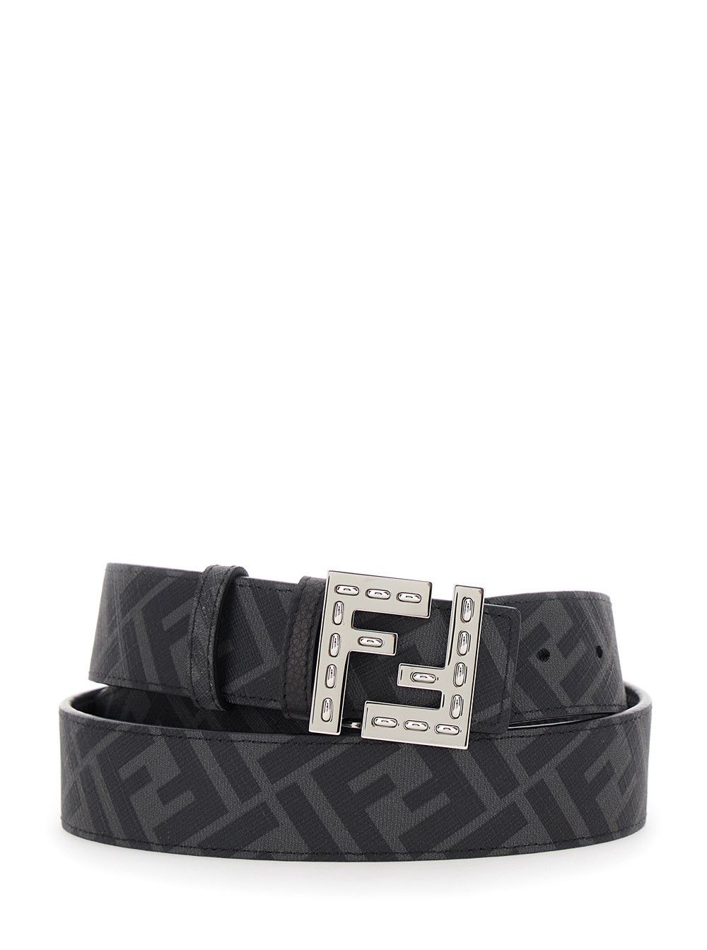 Fendi Black Belt with Metallic FF Logo Plate in Hammered Leather Man Size ONE SIZE - 4 Thumbnail