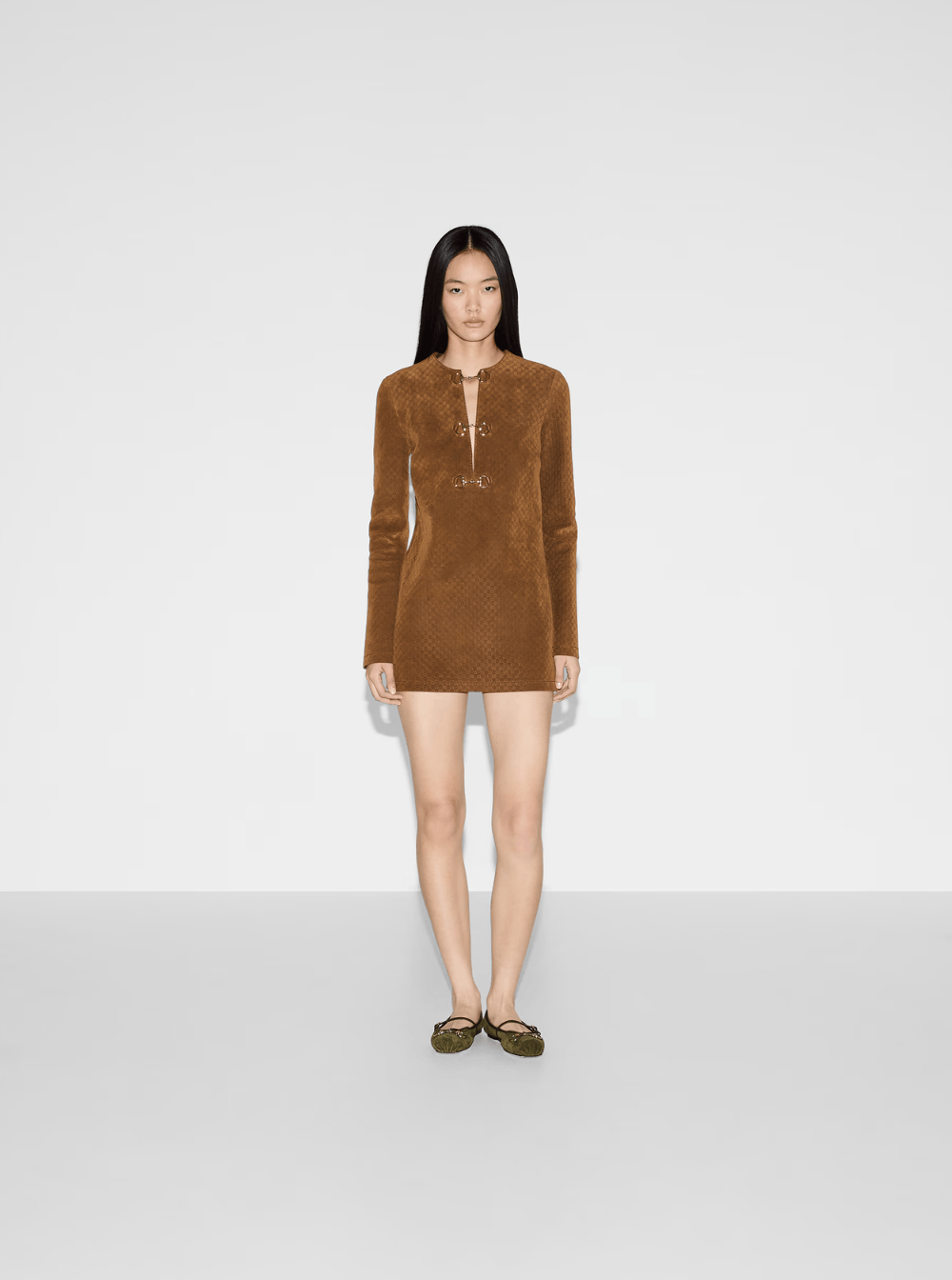 Brown Dress with Front Horsebit Details and All-Over GG Motif in Suede Woman