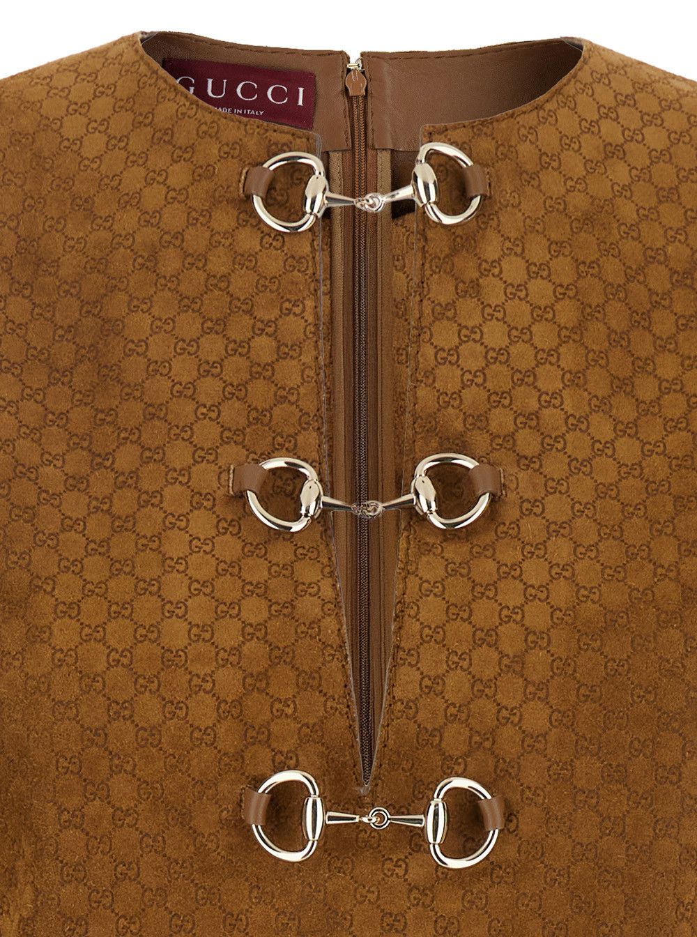 Brown Dress with Front Horsebit Details and All-Over GG Motif in Suede Woman