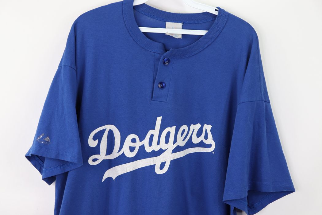 Majestic, Tops, Vintage La Dodgers Cropped Henley Small Blue