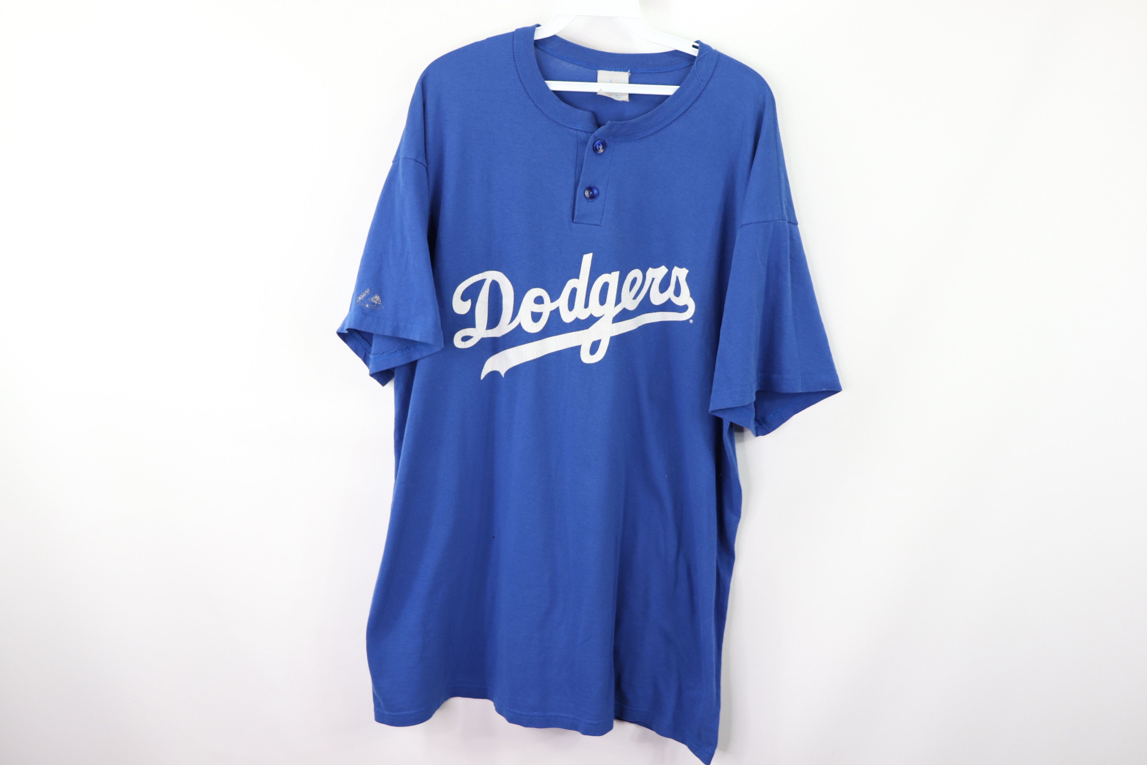 Majestic, Tops, Vintage La Dodgers Cropped Henley Small Blue