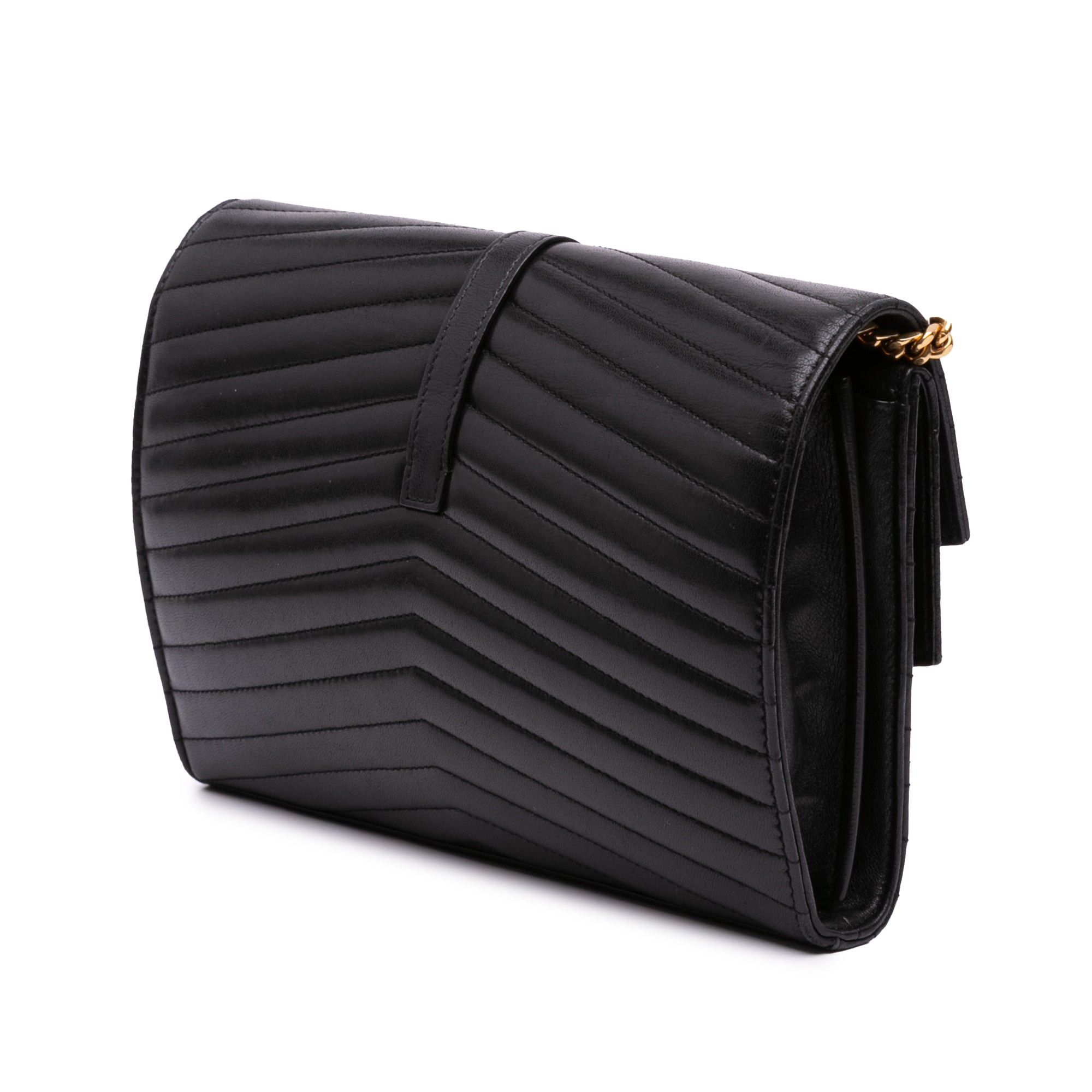 Saint Laurent Paris Saint Laurent Lambskin Chevron Monogram Sulpice Chain Wallet Black Size ONE SIZE - 2 Thumbnail