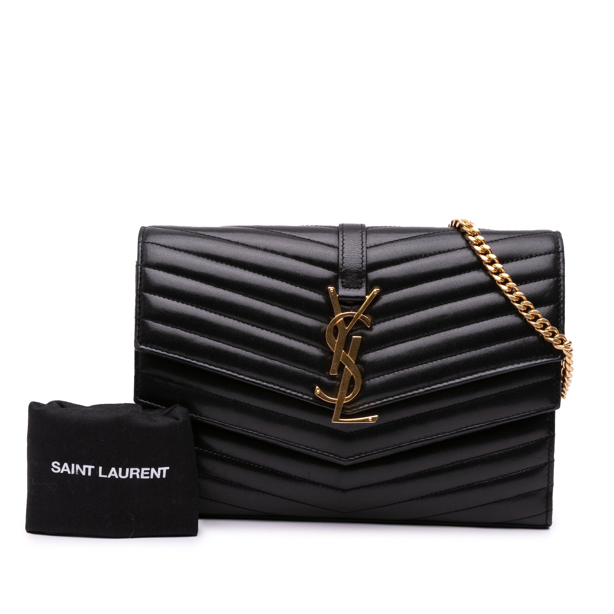 Saint Laurent Paris Saint Laurent Lambskin Chevron Monogram Sulpice Chain Wallet Black Size ONE SIZE - 10 Thumbnail