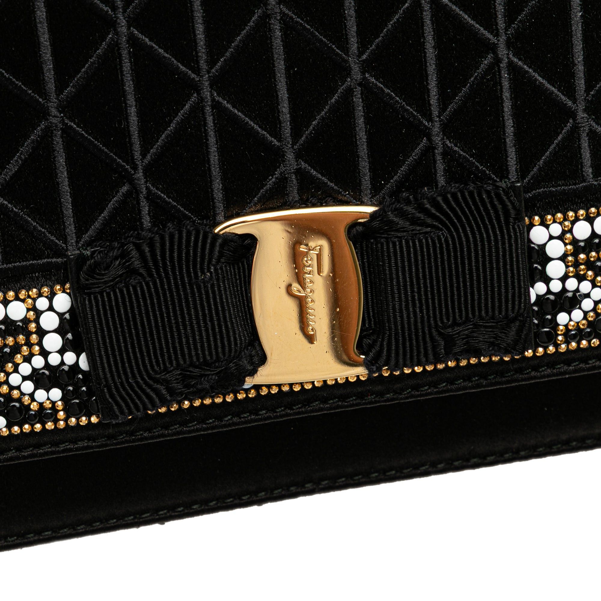 Salvatore Ferragamo Ferragamo Medium Vara Embellished Satin Ginny Chain Crossbody Black Size ONE SIZE - 8 Thumbnail