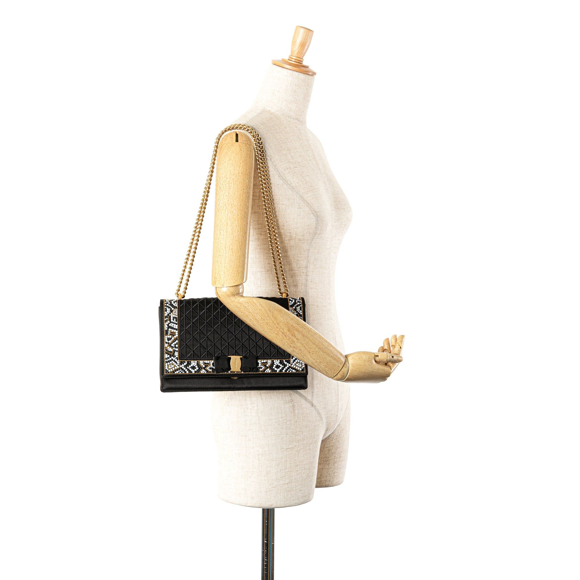 Salvatore Ferragamo Ferragamo Medium Vara Embellished Satin Ginny Chain Crossbody Black Size ONE SIZE - 12 Thumbnail