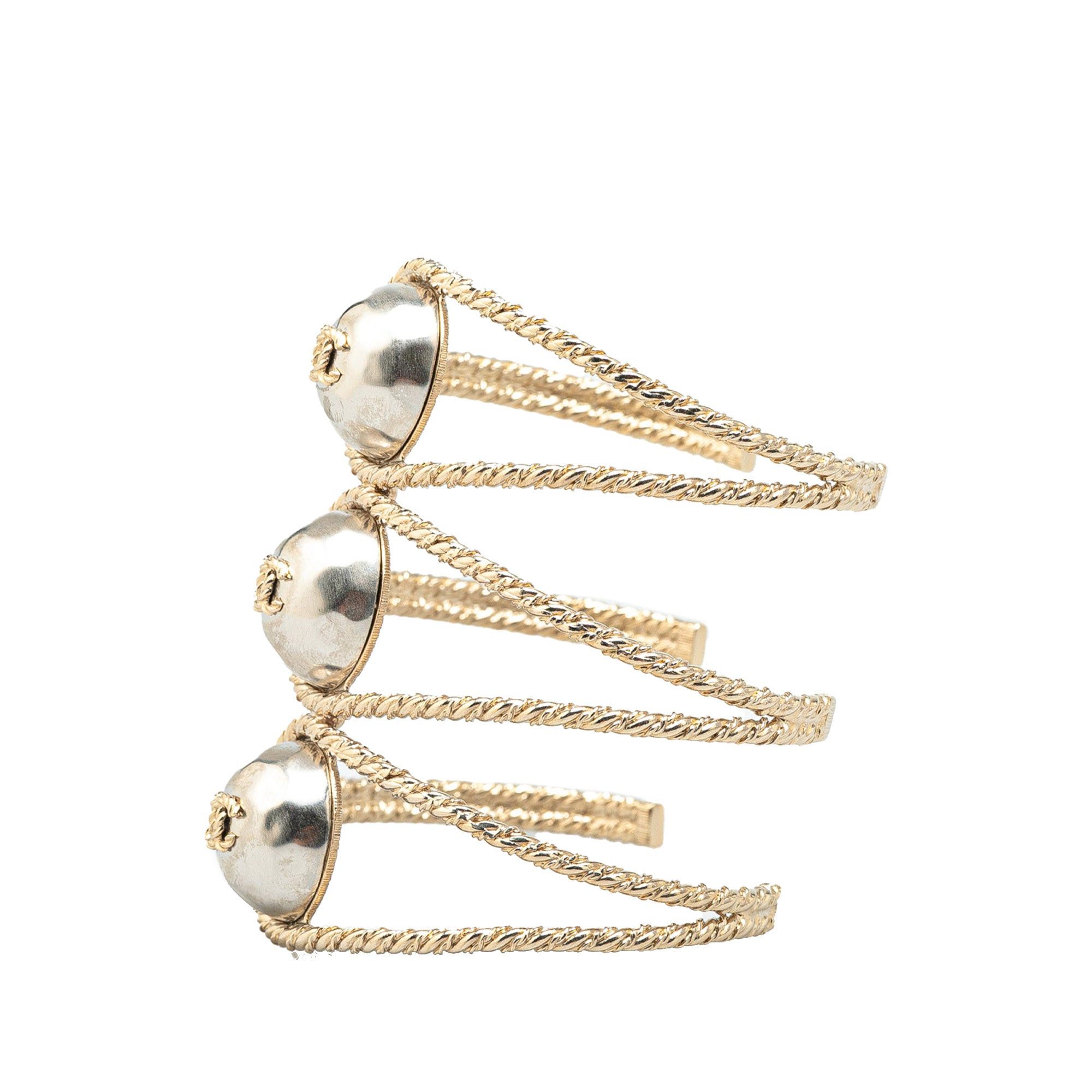 Chanel Chanel Gold Plated Faux Pearl Triple CC Cuff Bracelet Gold Size ONE SIZE - 2 Thumbnail