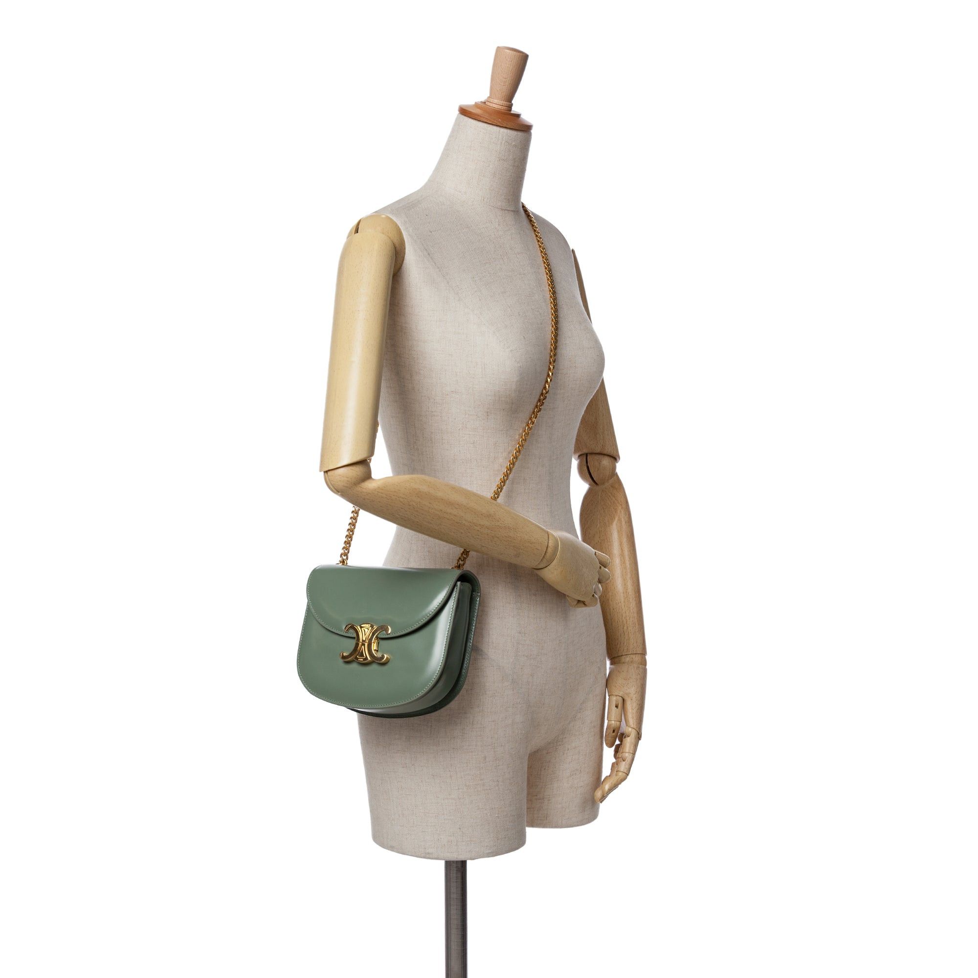 Celine Celine Shiny Calfskin Triomphe Besace Clea Chain Crossbody Green Size ONE SIZE - 8 Thumbnail