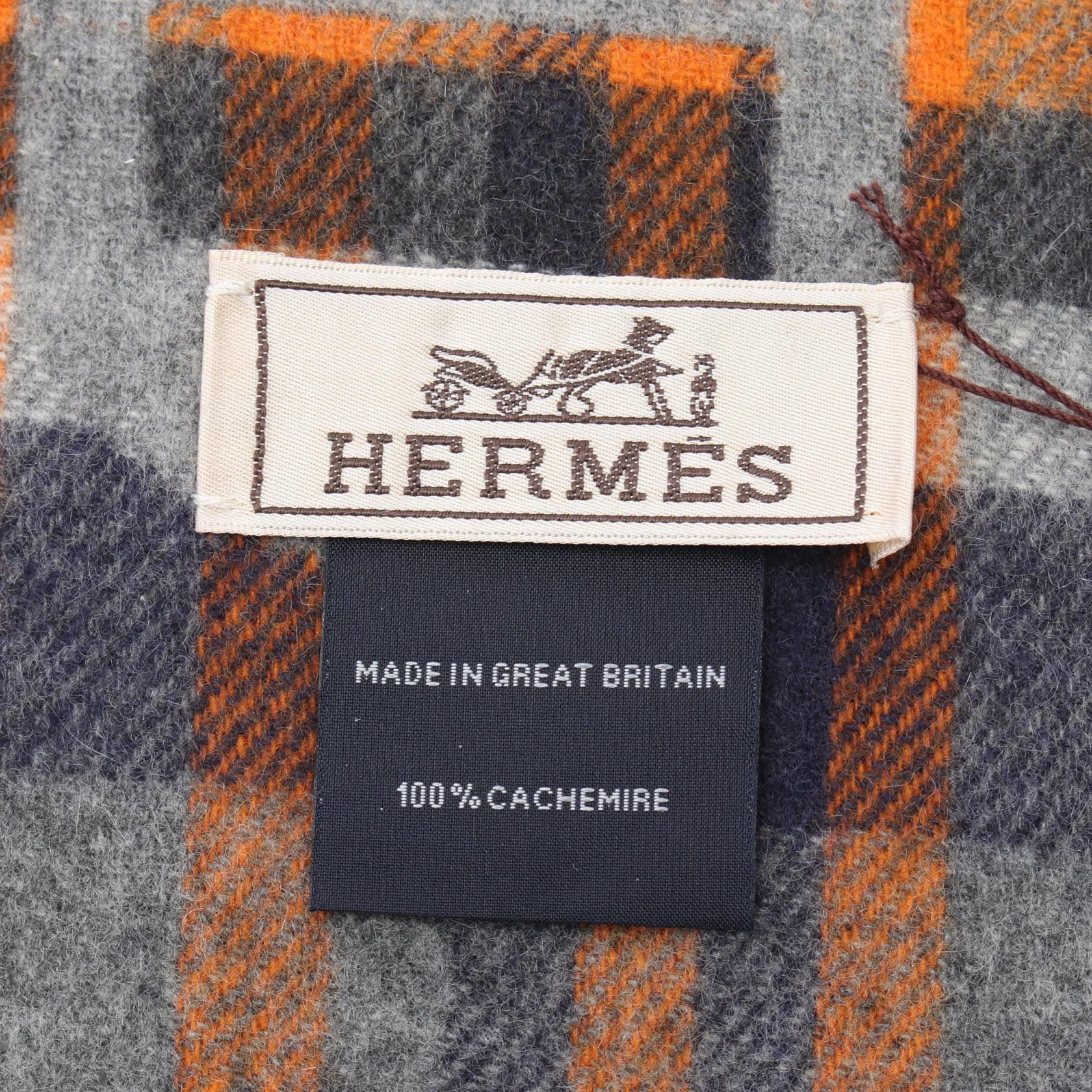 Hermes Hermes Tartan Maillon Scarf Cashmere Gray Navy Orange Size ONE SIZE - 2 Thumbnail