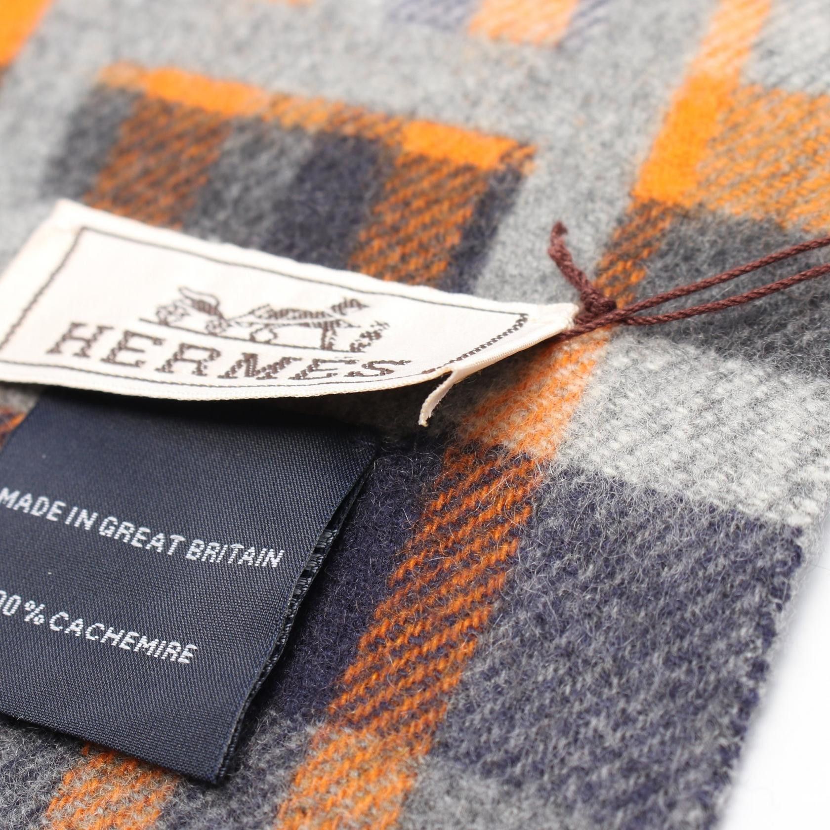 Hermes Hermes Tartan Maillon Scarf Cashmere Gray Navy Orange Size ONE SIZE - 4 Thumbnail