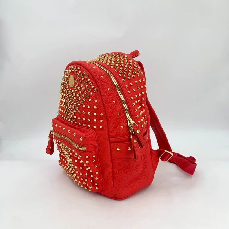 MCM Mcm Red Studded Zip Backpack Rucksack Size ONE SIZE - 3 Thumbnail