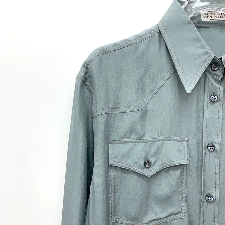 Brunello Cucinelli Brunello Cucinelli Blue Silk Long Sleeve Shirt Size US S / EU 44-46 / 1 - 3 Thumbnail
