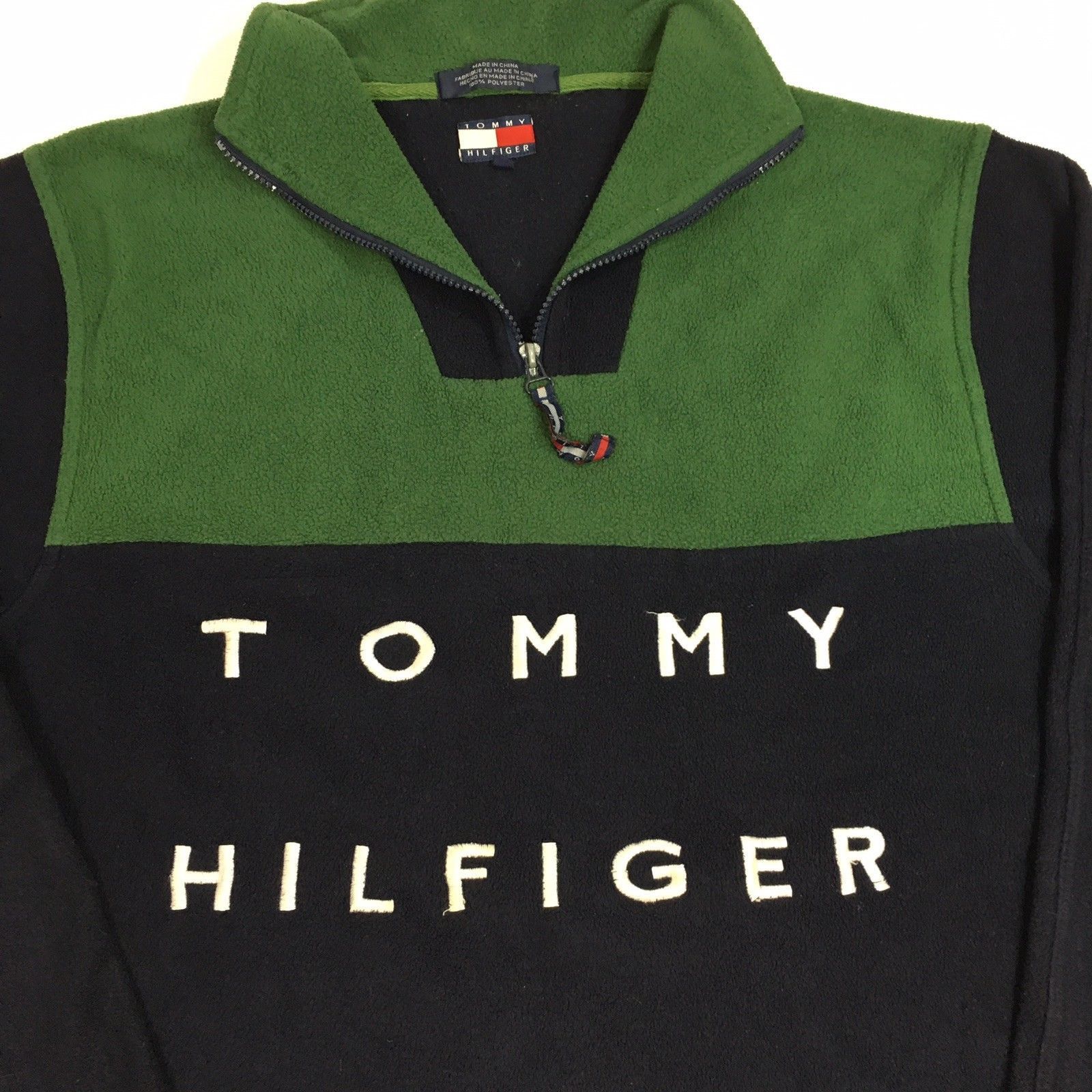 Vintage 90's Tommy Hilfiger Men Blue Green COLOR BLOCK Fleece Pile