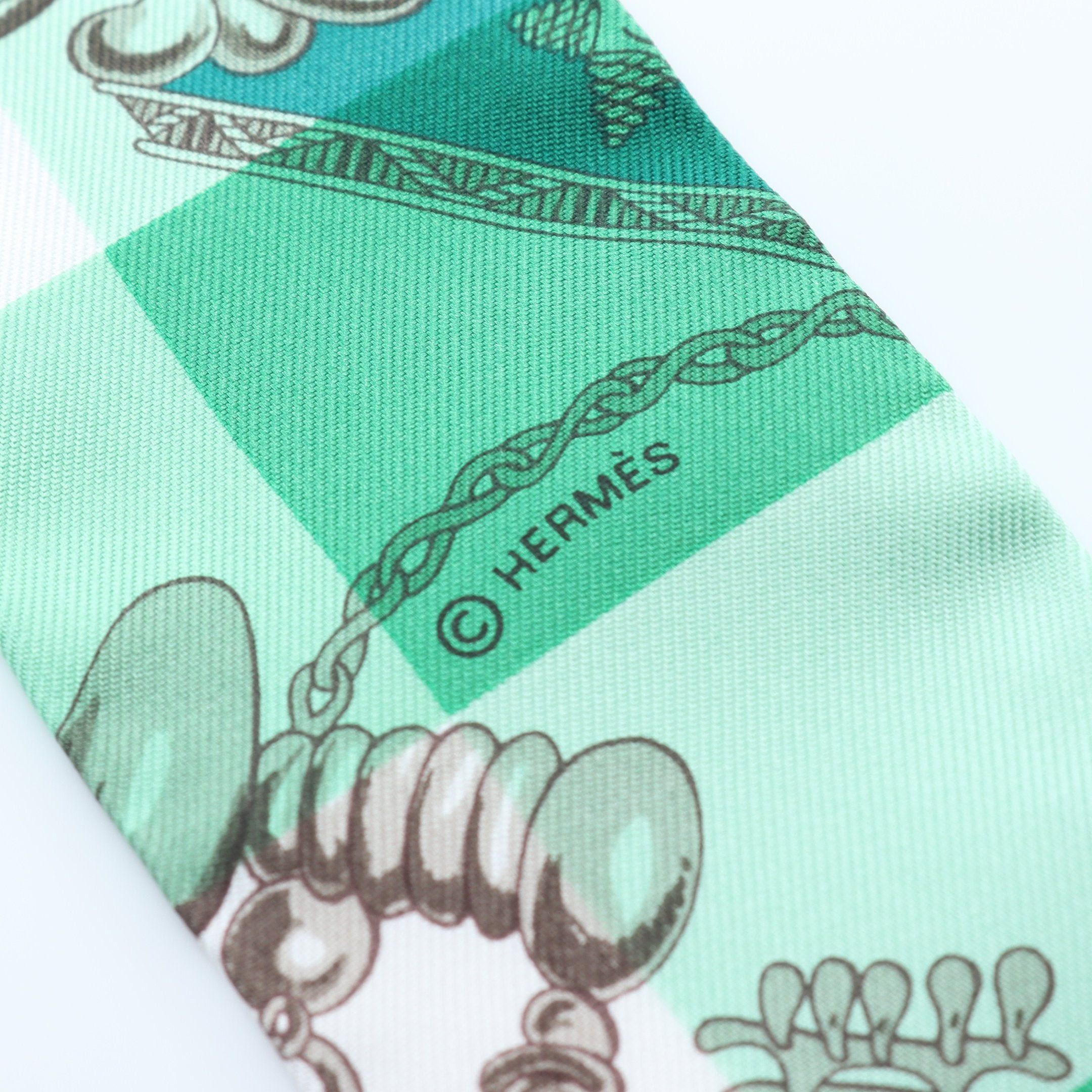 Hermes Hermes Twilly Mors Et Gourmettes Vichy Ribbon Scarf Silk Green Multicolor Size ONE SIZE - 2 Thumbnail