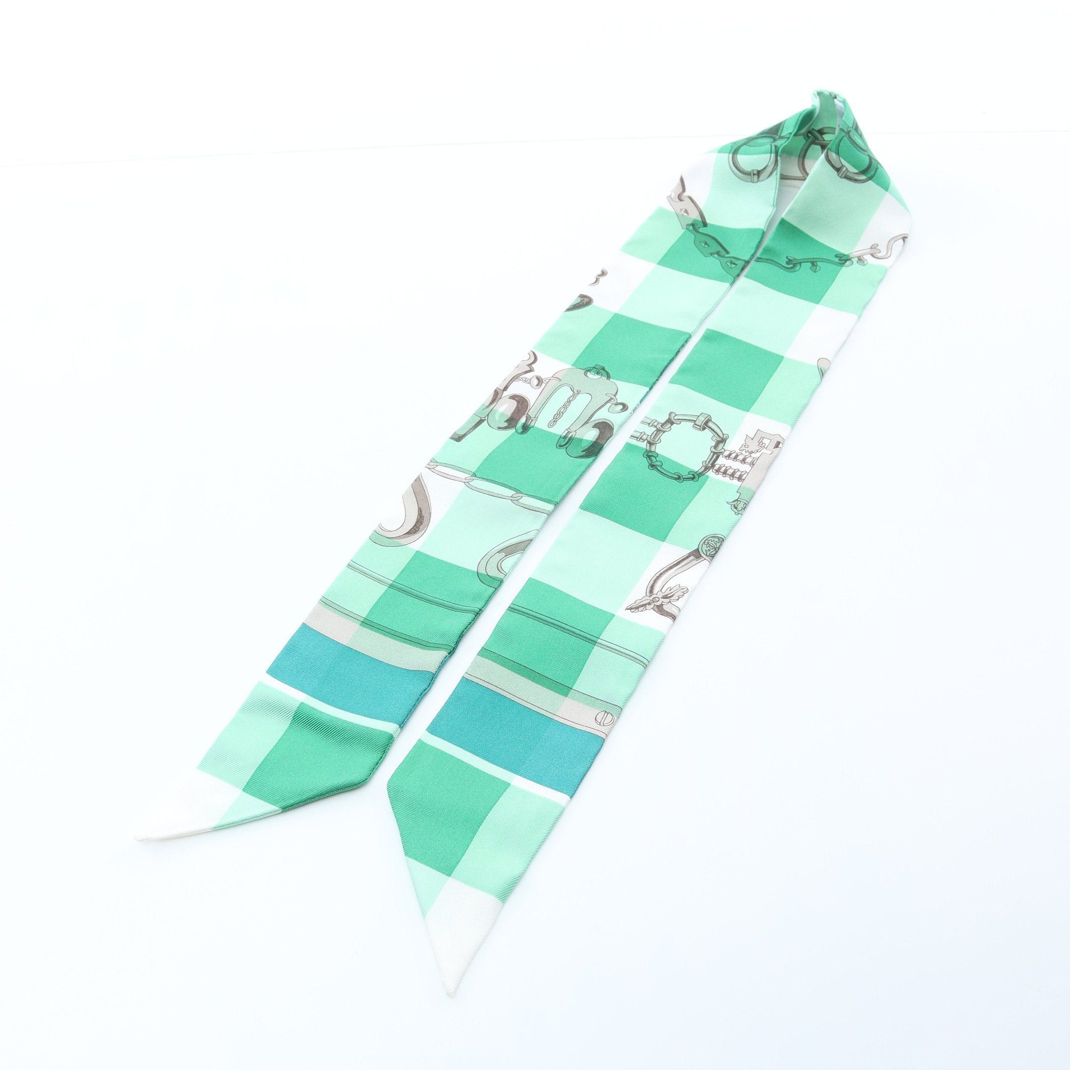Hermes Hermes Twilly Mors Et Gourmettes Vichy Ribbon Scarf Silk Green Multicolor Size ONE SIZE - 5 Thumbnail