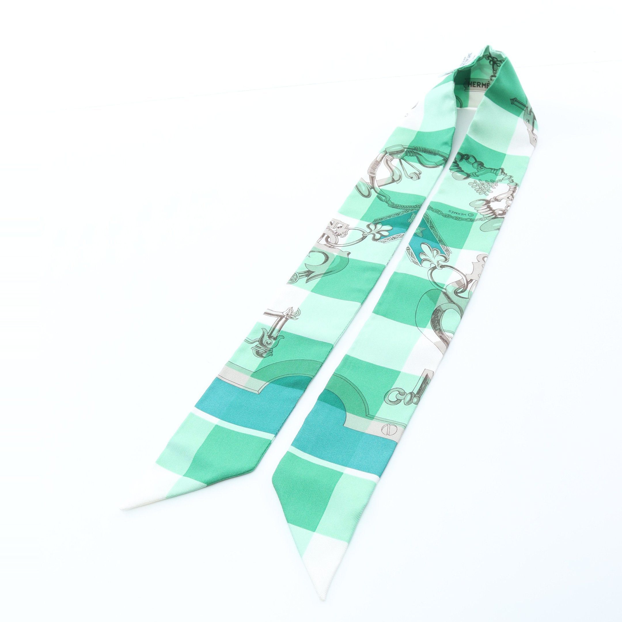 Hermes Hermes Twilly Mors Et Gourmettes Vichy Ribbon Scarf Silk Green Multicolor Size ONE SIZE - 6 Thumbnail