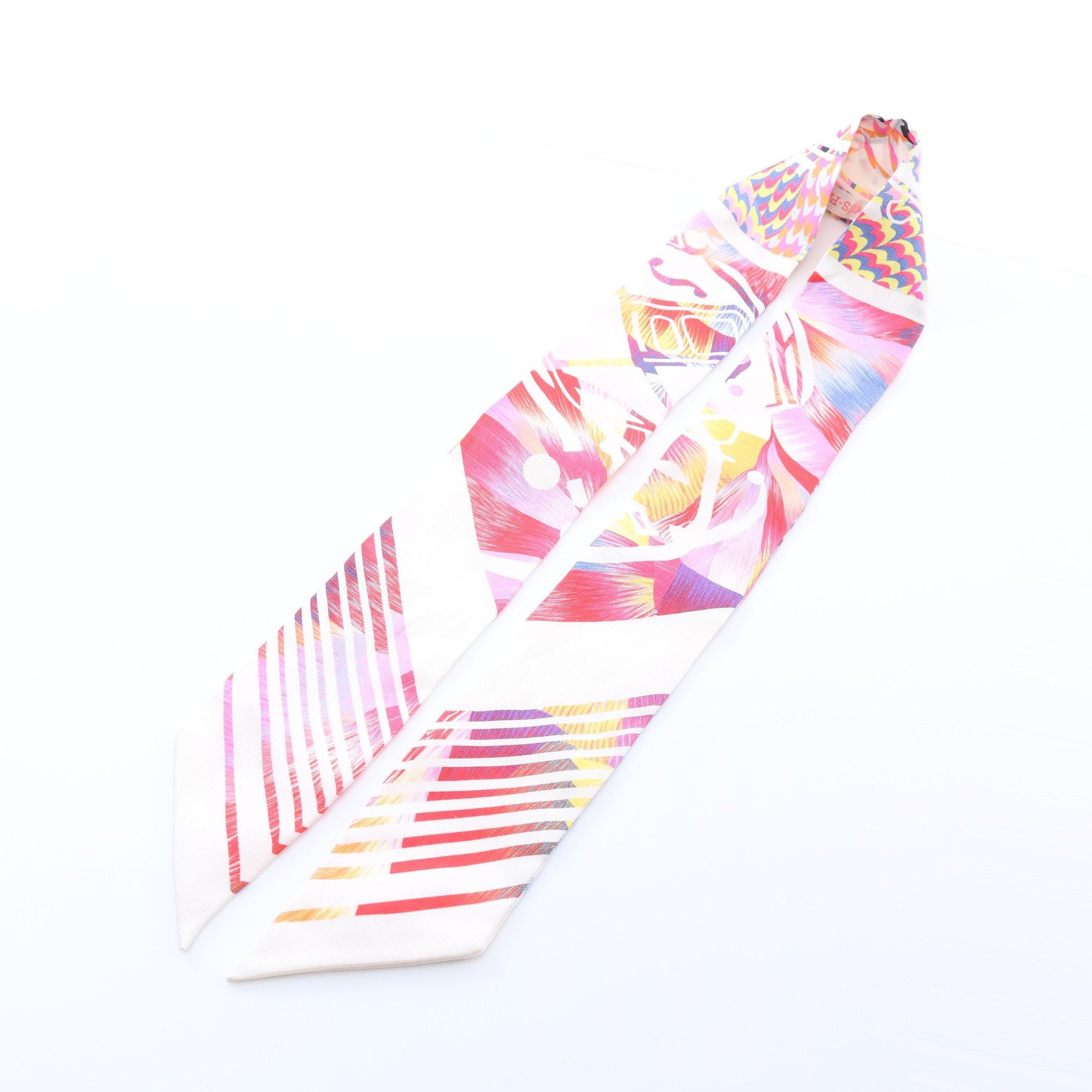 Hermes Hermes Twilly Ex-Libris Marble Ribbon Scarf Silk Off White Multicolor Size ONE SIZE - 7 Thumbnail