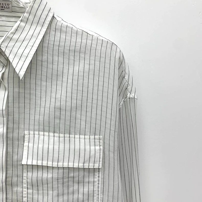 Brunello Cucinelli Brunello Cucinelli White Striped Long Sleeve Shirt Size US M / EU 48-50 / 2 - 3 Thumbnail