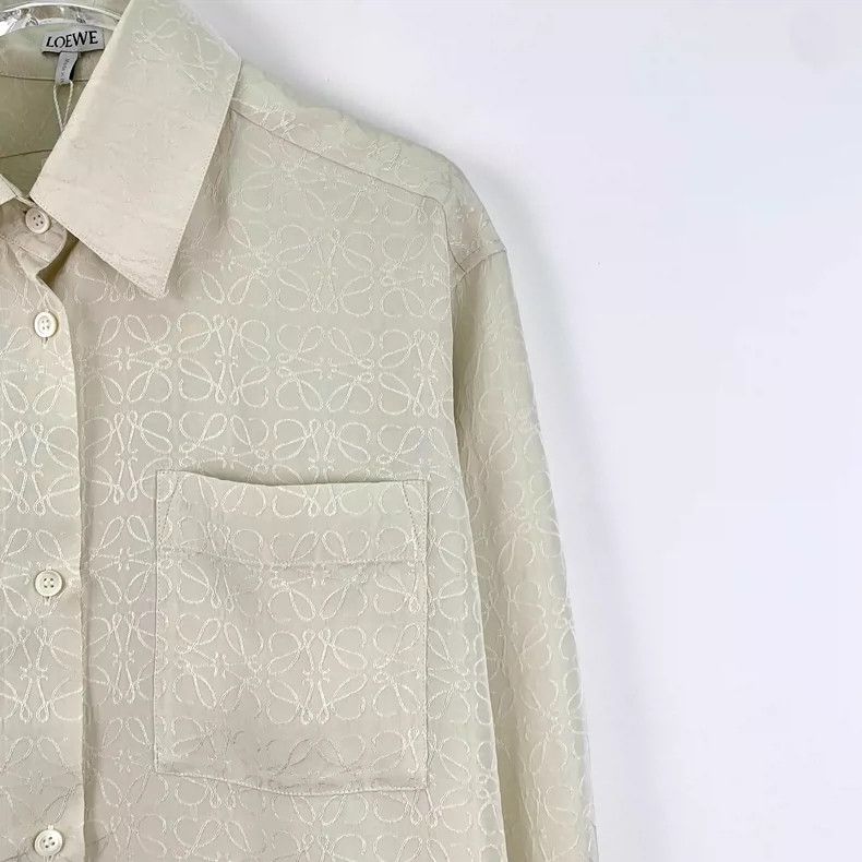 Loewe Beige Logo Embroidered Silk Long Sleeve Shirt Size US XXS / EU 40 - 3 Thumbnail
