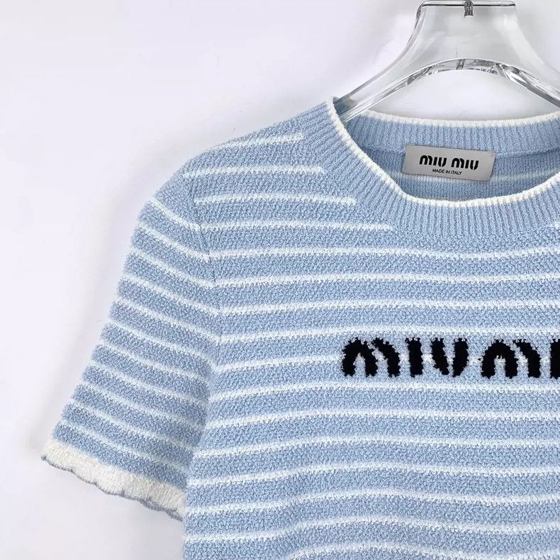 Miu Miu Miu Miu Blue Striped Logo Knit Top Size US L / EU 52-54 / 3 - 3 Thumbnail