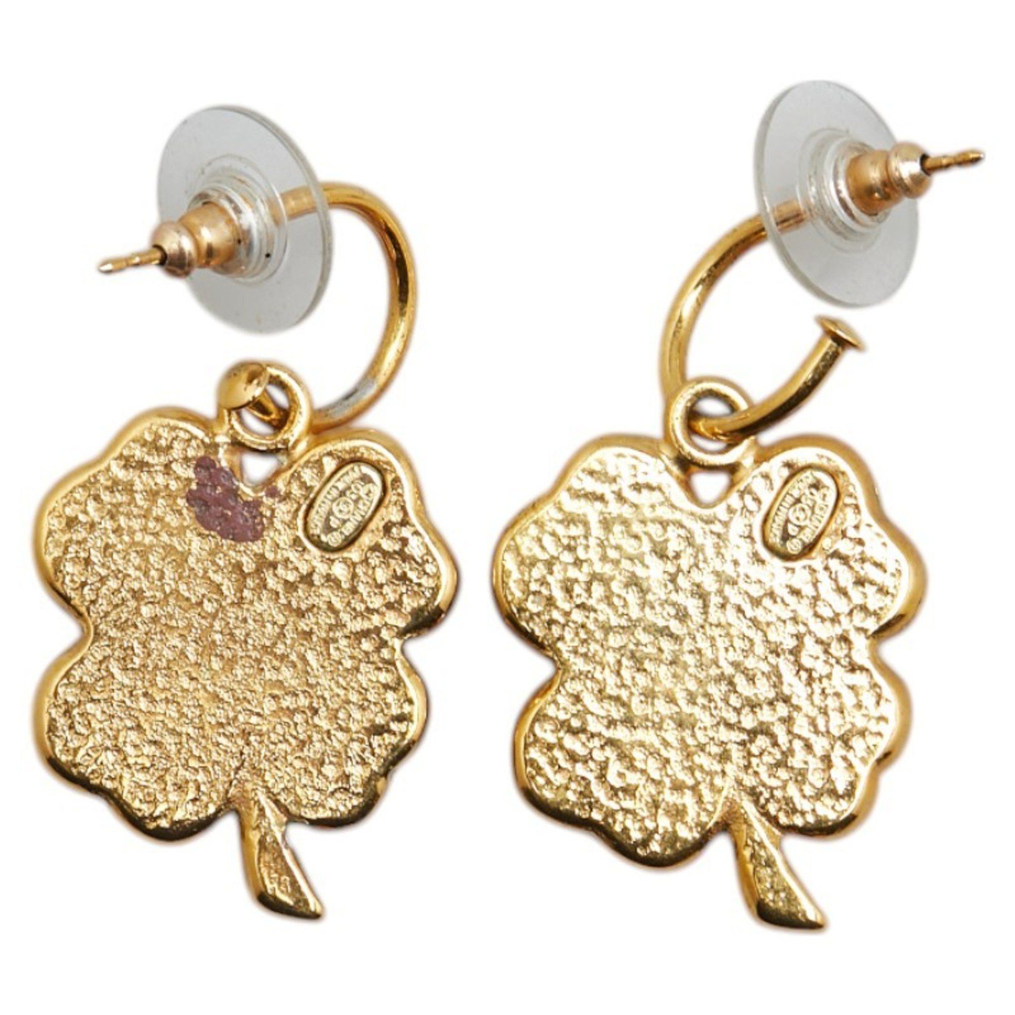 Chanel Coco Mark Clover Motif Earrings Pink Gold Plastic Plated