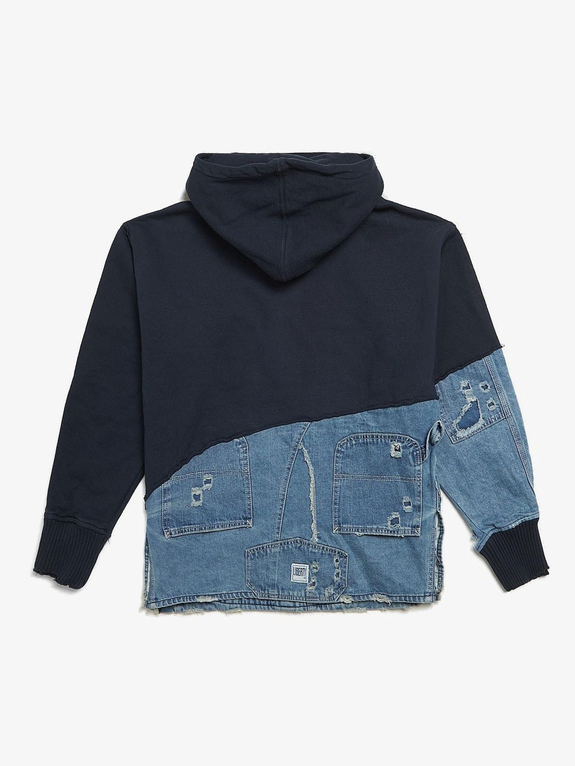 Greg Lauren Navy Denim Patched Striped Distressed Cotton Hoodie Size US S / EU 44-46 / 1 - 2 Thumbnail