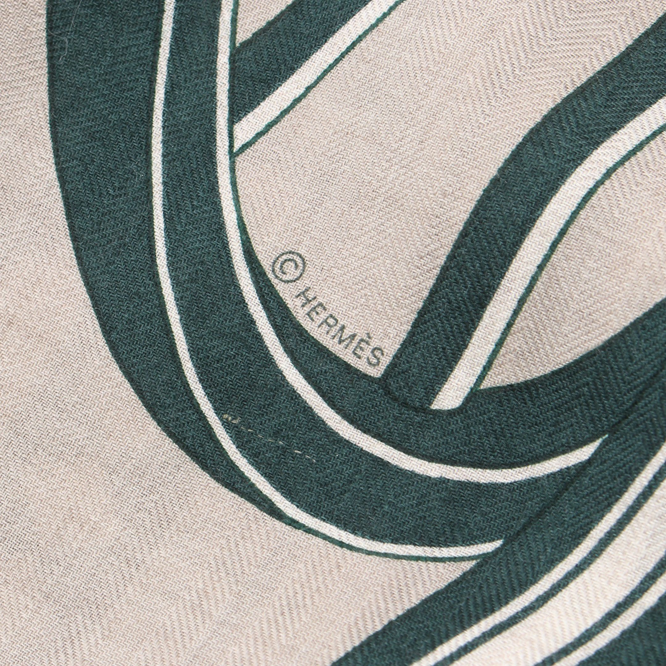 Hermes Hermes Carréjean Carres 140 Les Roues De Phaeton Scarf Shawl Cashmere Silk Gray Beige Dark Green Size ONE SIZE - 2 Thumbnail