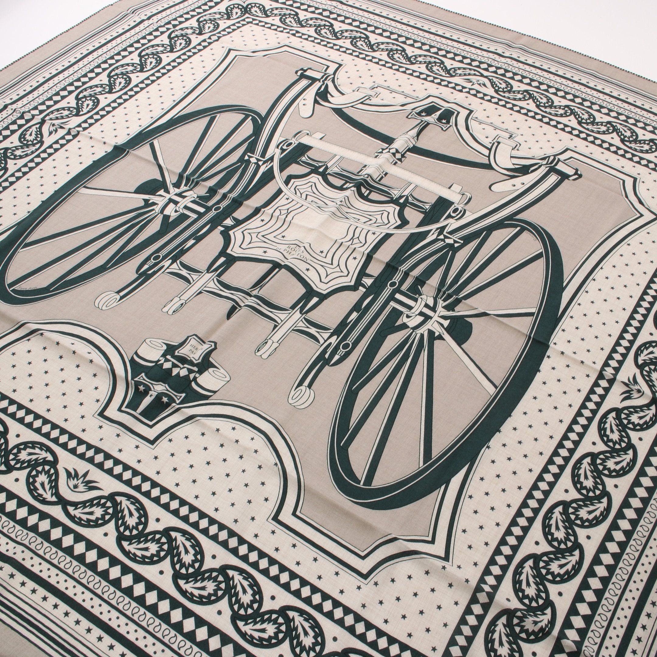 Hermes Hermes Carréjean Carres 140 Les Roues De Phaeton Scarf Shawl Cashmere Silk Gray Beige Dark Green Size ONE SIZE - 4 Thumbnail