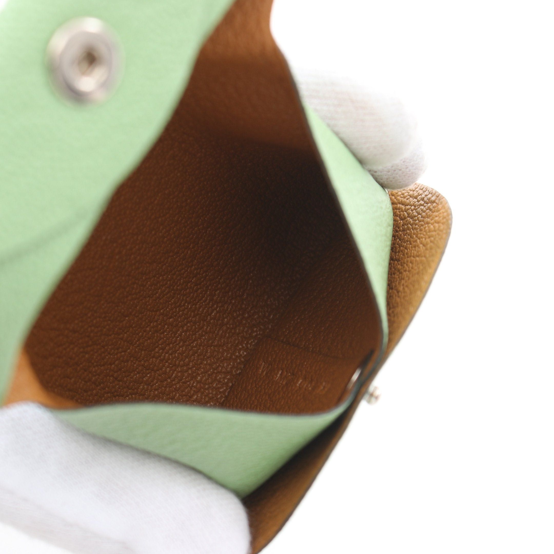Hermes Hermes Bastia Verso Cricket Caramel Coin Purse Chevre Light Green Silver Hardware Double Engraved Size ONE SIZE - 3 Thumbnail
