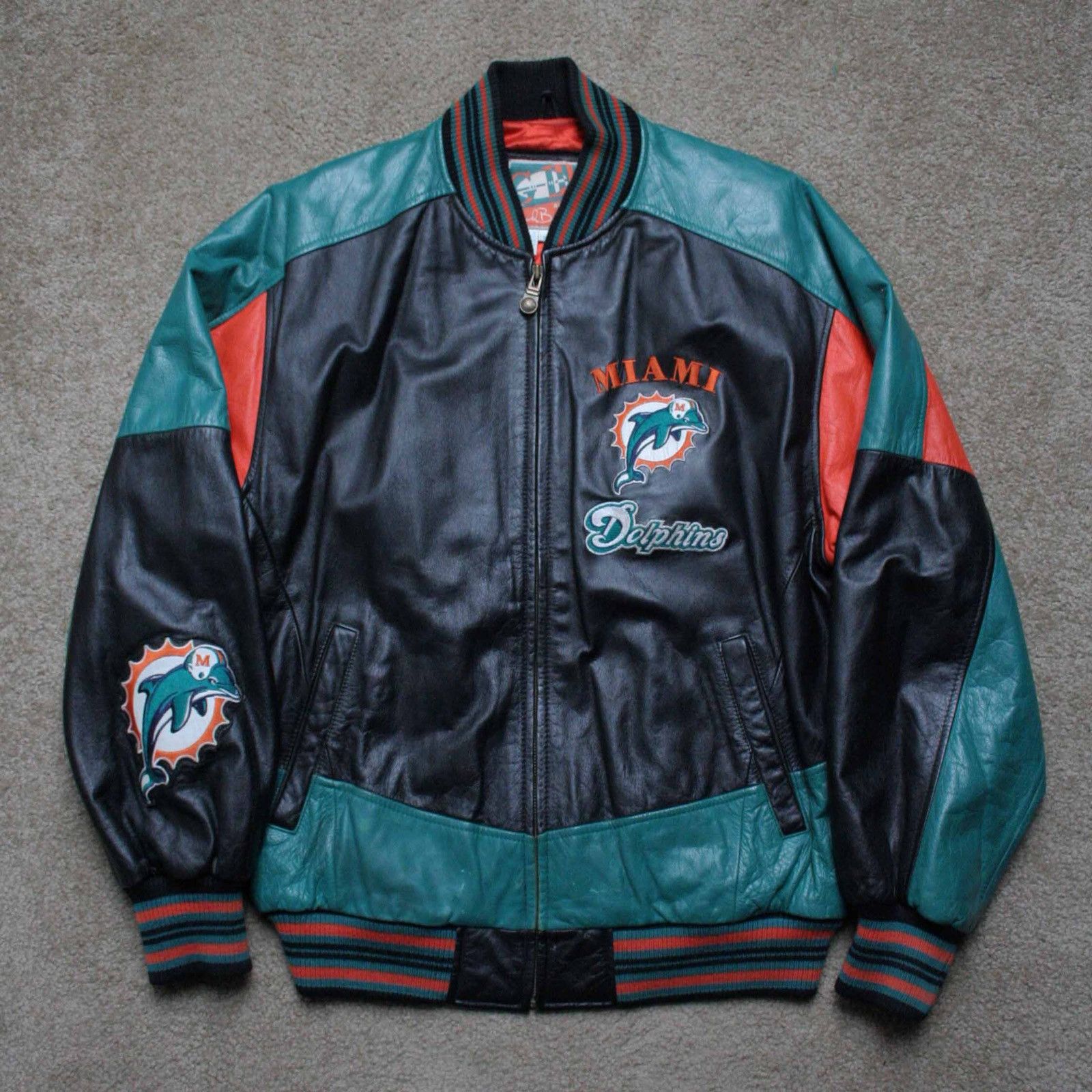 Vintage 90s Miami Dolphins Leather Jacket Mens Large Vtg -   India