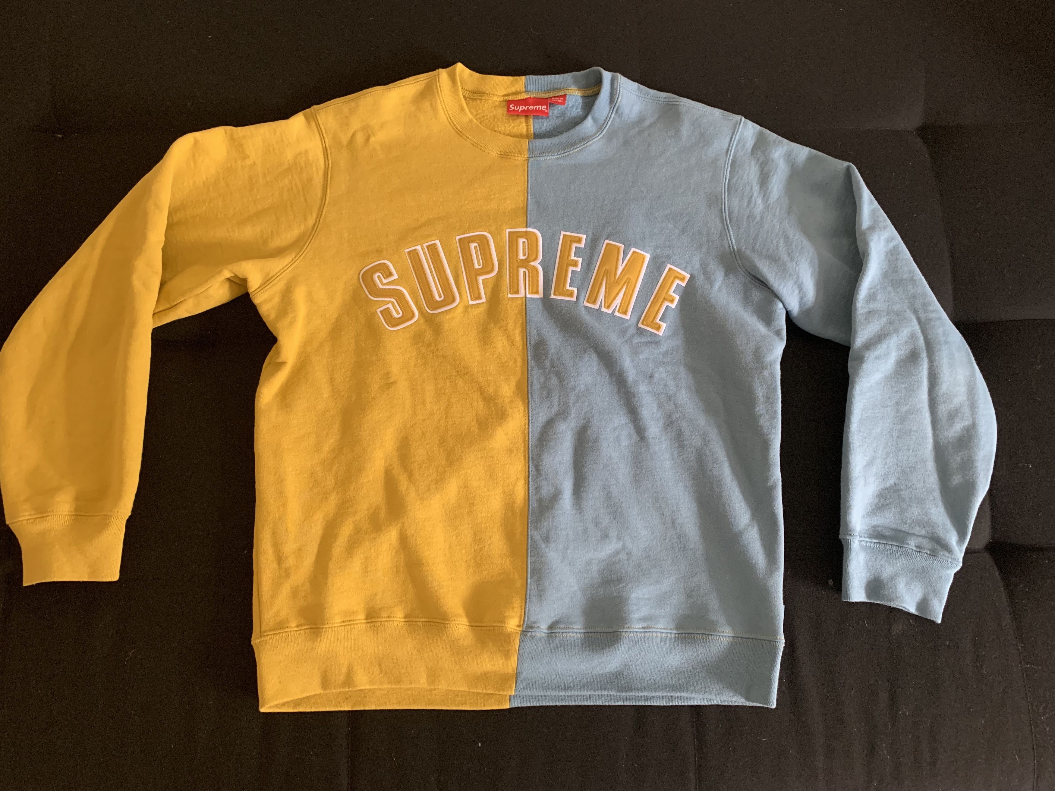 FW18 Large Supreme Split Arc Logo Crewneck Sweatshirt Mustard Yellow Blue