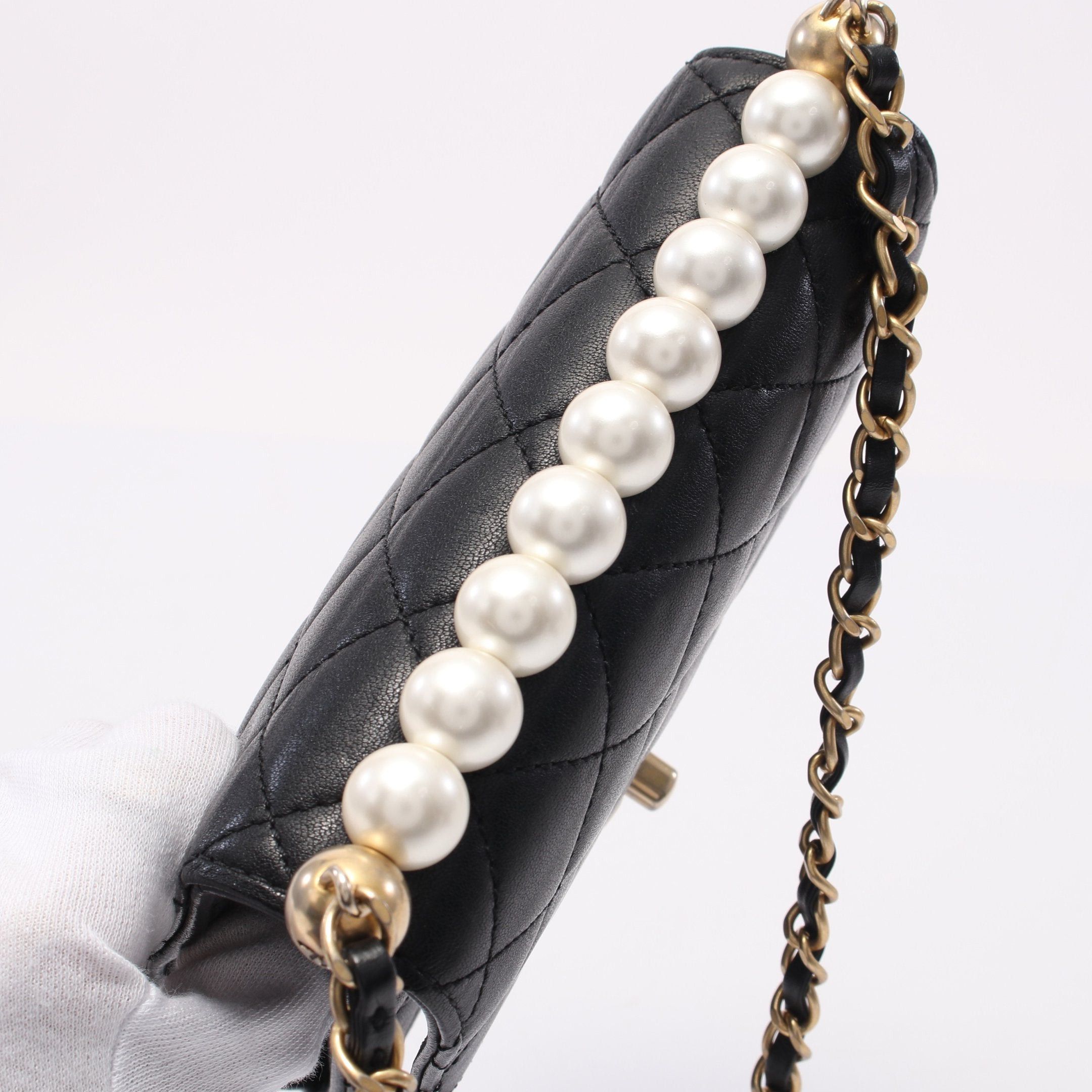 Chanel Chanel Matelasse Pearl Chain Shoulder Bag Lambskin Black Gold Hardware Size ONE SIZE - 8 Thumbnail