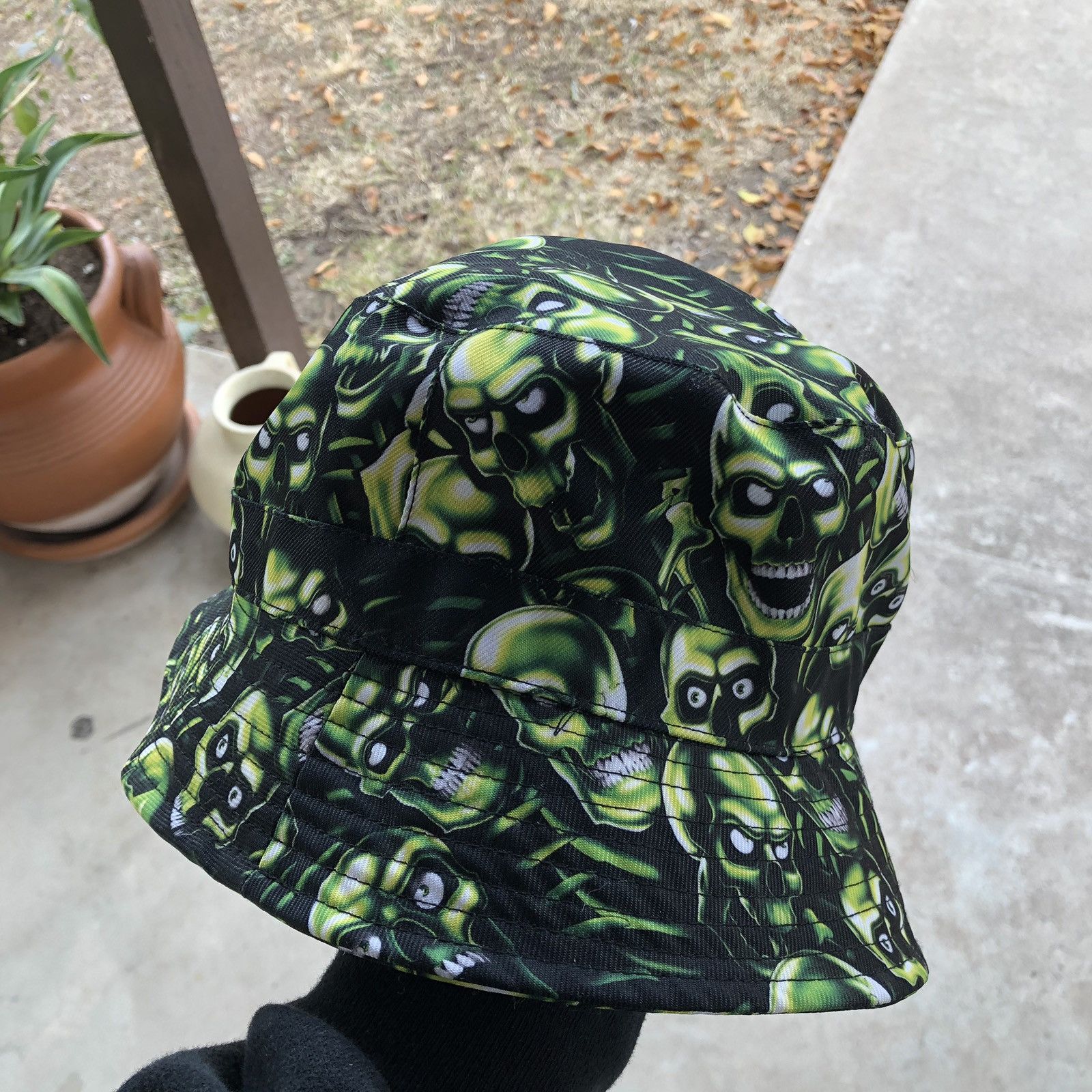 Liquid Blue Vintage Neon Green Skull Pile Bucket Hat Grailed