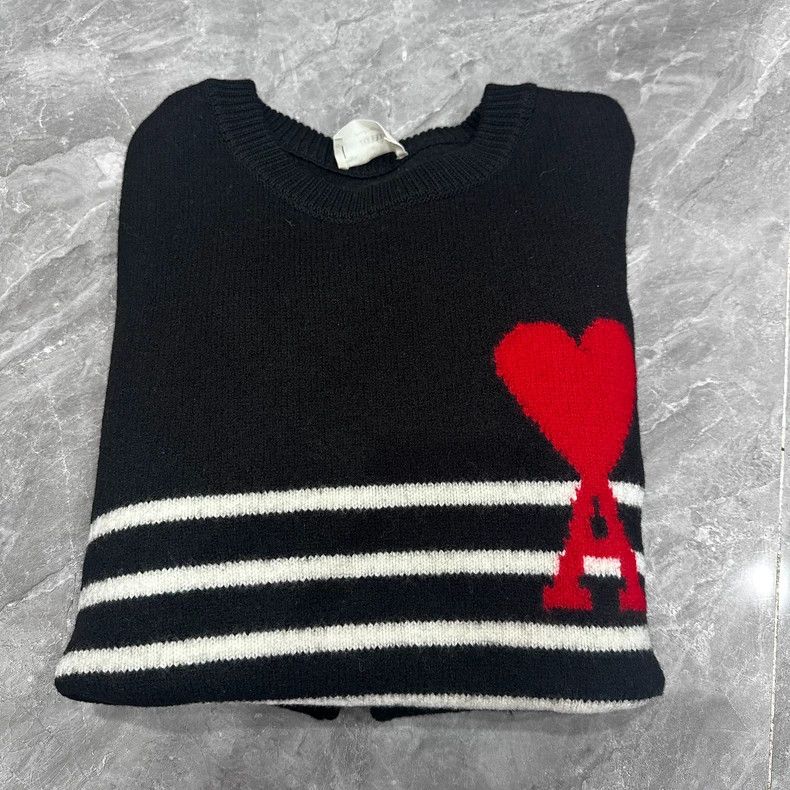 AMI Black and White Heart Striped Sweater Size US L / EU 52-54 / 3 - 6 Thumbnail