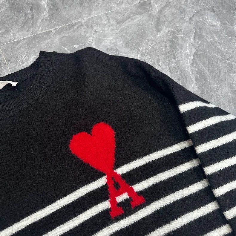 AMI Black and White Heart Striped Sweater Size US L / EU 52-54 / 3 - 2 Thumbnail