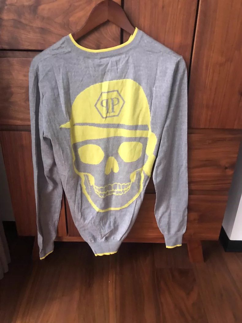 Philipp Plein Grey V-Neck Sweater with Yellow Trim Size US M / EU 48-50 / 2 - 2 Thumbnail